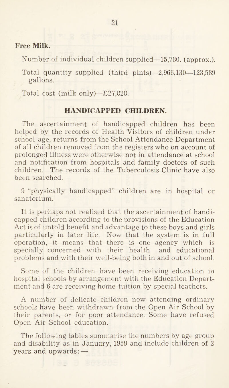 Free Milk. Number of individual children supplied—15,780. (approx.). Total quantity supplied (third pints)—2,966,130—123,589 gallons. Total cost (milk only)—£27,828. HANDICAPPED CHILDREN. The ascertainment of handicapped children has been helped by the records of Health Visitors of children under school age, returns from the School Attendance Department of all children removed from the registers who on account of prolonged illness were otherv/ise not in attendance at school and notification from hospitals and family doctors of such children. The records of the Tuberculosis Clinic have also been searched. 9 “physically handicapped” children are in hospital or sanatorium. It is perhaps not realised that the ascertainment of handi= capped children according to the provisions of the Education Act is of untold benefit and advantage to these boys and girls particularly in later life. Now that the system is in full operation, it means that there is one agency which is specially concerned with their health and educational problems and with their well-being both in and out of school. Some of the children have been receiving education in hospital schools by arrangement with the Education Depart¬ ment and 6 are receiving home tuition by special teachers. A number of delicate children now attending ordinary schools have been withdrawn from the Open Air School by their parents, or for poor attendance. Some have refused Open Air School education. The following tables summarise the numbers by age group and disability as in January, 1959 and include children of 2 years and upwards: —