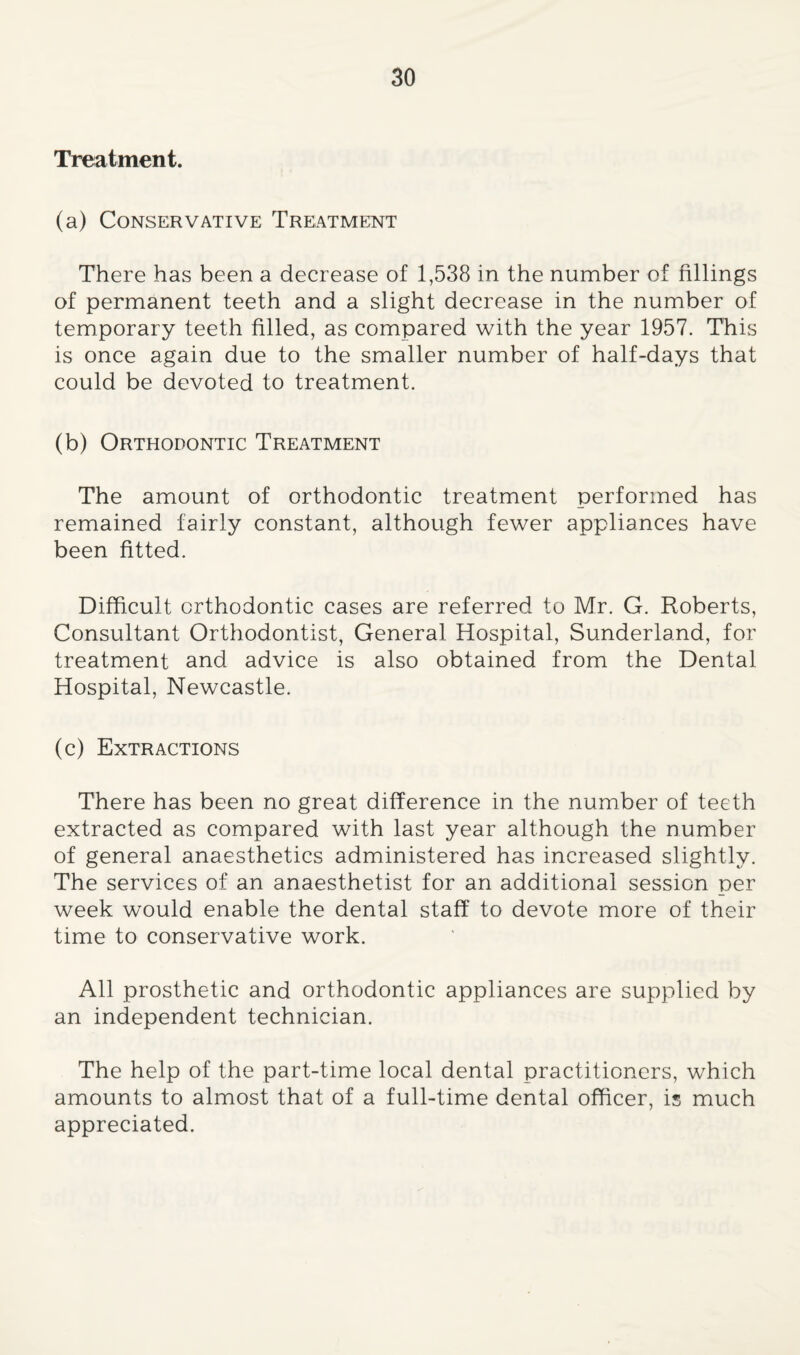 Treatment. (a) Conservative Treatment There has been a decrease of 1,538 in the number of fillings of permanent teeth and a slight decrease in the number of temporary teeth filled, as compared with the year 1957. This is once again due to the smaller number of half-days that could be devoted to treatment. (b) Orthodontic Treatment The amount of orthodontic treatment performed has remained fairly constant, although fewer appliances have been fitted. Difficult orthodontic cases are referred to Mr. G. Roberts, Consultant Orthodontist, General Hospital, Sunderland, for treatment and advice is also obtained from the Dental Hospital, Newcastle. (c) Extractions There has been no great difference in the number of teeth extracted as compared with last year although the number of general anaesthetics administered has increased slightly. The services of an anaesthetist for an additional session per week would enable the dental staff to devote more of their time to conservative work. All prosthetic and orthodontic appliances are supplied by an independent technician. The help of the part-time local dental practitioners, which amounts to almost that of a full-time dental officer, is much appreciated.