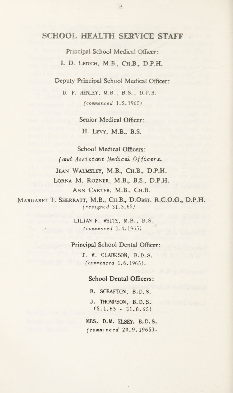 SCHOOL HEALTH SERVICE STAFF Priodpai School Medical Officer: 1. D. Leitch, M.B., Ch.B., D.P.H. Deputy Principal School Medical Officer: D. F. HENLEY, M.B., B.S., D.P.H, (commenced 1.2.1965J Senior Medical Officer: H. Levy, M.B., B.S. School Medical Officers: (and Assistant Medical Officers, Jean Walmsley, M.B., Ch.B., D.P.H. Lorna M. Rozner, M.B., B.S., D.P.H. Ann Carter, M.B., Ch.B. Margaret T. Sherr.4TT, M.B., Ch.B., D.Obst. R.C.O.G., D.P.H. (resigned 31.3.65j LILIAN F. TOTE, M.B., B.S. ■ (commenced 1.4,1965) Principal School Dental Officer: T, W. CLARKSON, B. D.S. (commenced 1.6.1965). School Dental Officers: B, SCRAFTON, B.D.S. J. THOMPSON, B.D.S. (5.1.65 - 31.8.65) MRS. D.M. ELSEY, B.D. S. (comm>:nced 20.9. 1965).