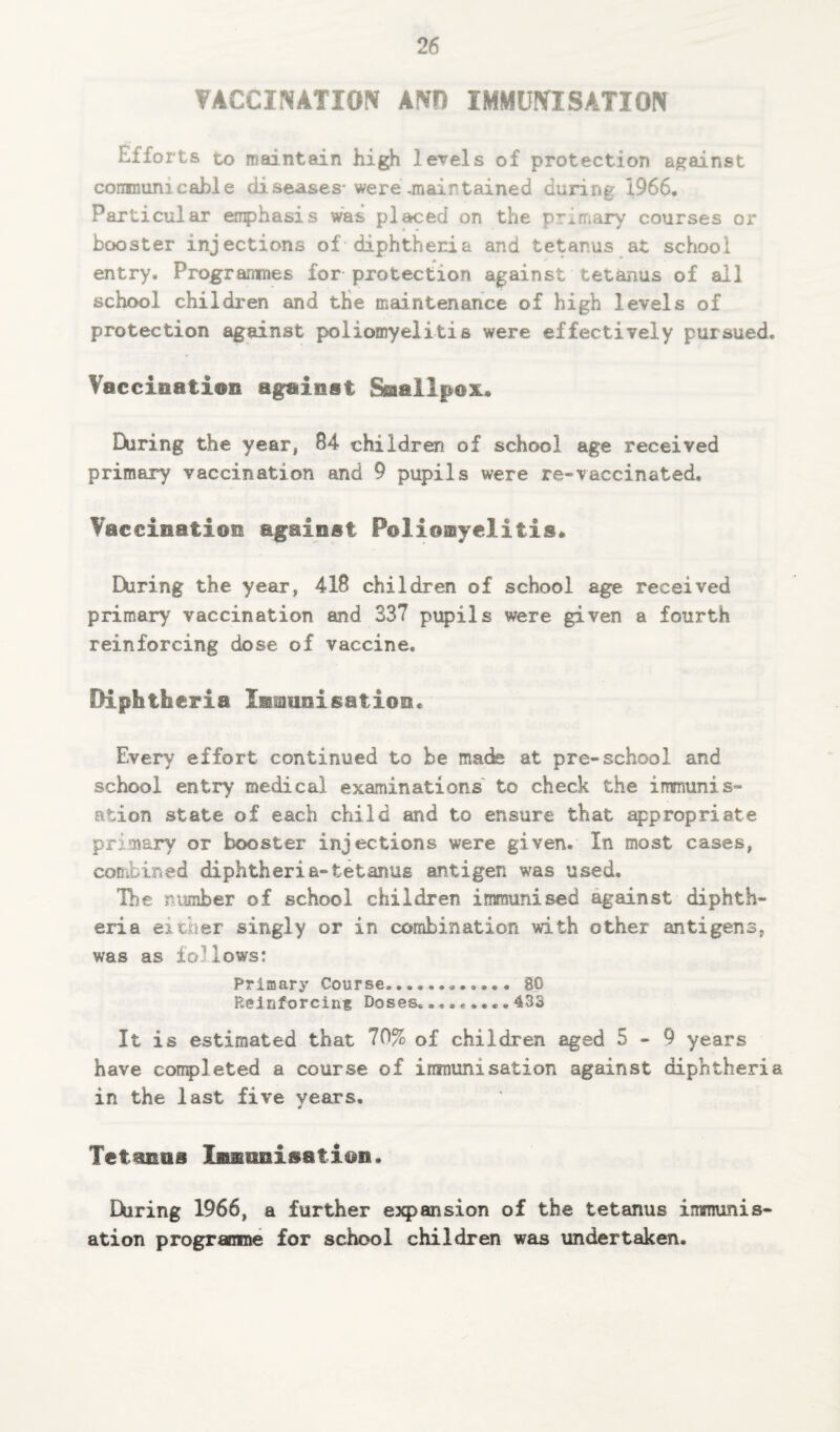 VACCINATION AND IMMUNISATION Efforts to maintain high levels of protection against communicable diseases- were .maintained during 1966. Particular emphasis was placed on the primary courses or booster injections of diphtheria and tetanus at school entry. Programmes for protection against tetanus of all school children and the maintenance of high levels of protection against poliomyelitis were effectively pursued. Vaccination against Snallpcx. During the year, 84 children of school age received primary vaccination and 9 pupils were re-vaccinated. Vaccination against Poliomyelitis* During the year, 418 children of school age received primary vaccination and 337 pupils were given a fourth reinforcing dose of vaccine. Diphtheria lasiimisatioit. Every effort continued to he mads at pre-school and school entry medical examinations to check the immunis¬ ation state of each child and to ensure that appropriate primary or booster injections were given. In most cases, combined diphtheria-tetanus antigen was used. The number of school children immunised against diphth¬ eria either singly or in combination with other antigens, was as follows: Primary Course... gp Reinforcing Doses......... 433 It is estimated that 70% of children aged 5-9 years have completed a course of irrmunisation against diphtheria in the last five years. Tetaimi Iumssti^n. During 1966, a further expansion of the tetanus immunis¬ ation programme for school children was undertaken.