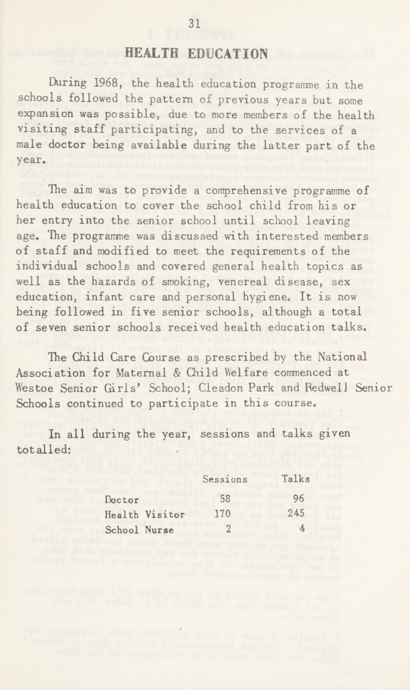 HEALTH EDUCATION During 1968, the health education programme in the schools followed the pattern of previous years but some expansion was possible, due to more memJDers of the health visiting staff participating, and to the services of a male doctor being available during the latter part of the year. Ihe aim was to provide a comprehensive programme of health education to cover the school child from his or her entry into the senior school until scliool leaving age. The programme was discussed with interested members of staff and modified to meet the requirements of the individual schools and covered general health topics as well as the hazards of smoking, venereal disease, sex education, infant care and personal hygiene. It is now being followed in five senior schools, although a total of seven senior schools received health education talks. The Child Care Course as prescribed by the National Association for Maternal & Child V/elfare commenced at Westoe Senior Girls’ School; Cieadon Park and Redwell Senior Schools continued to participate in this course. In ail during the year, sessions and talks given totalled: Sessions Talks Doctor 58 96 Health Visitor 170 245 School Nurse 2 4