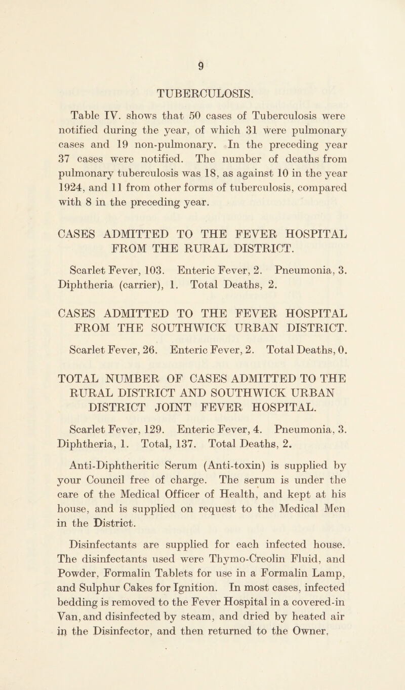 TUBERCULOSIS. Table IV. shows that 50 cases of Tuberculosis were notified during the year, of which 31 were pulmonary cases and 19 non-pulmonary. In the preceding year 37 cases were notified. The number of deaths from pulmonary tuberculosis was 18, as against 10 in the year 1924, and 11 from other forms of tuberculosis, compared with 8 in the preceding year. CASES ADMITTED TO THE FEVER HOSPITAL FROM THE RURAL DISTRICT. Scarlet Fever, 103. Enteric Fever, 2. Pneumonia, 3. Diphtheria (carrier), 1. Total Deaths, 2. CASES ADMITTED TO THE FEVER HOSPITAL FROM THE SOUTHWICK URBAN DISTRICT. Scarlet Fever, 26. Enteric Fever, 2. Total Deaths, 0. TOTAL NUMBER OF CASES ADMITTED TO THE RURAL DISTRICT AND SOUTHWICK URBAN DISTRICT JOINT FEVER HOSPITAL. Scarlet Fever, 129. Enteric Fever, 4. Pneumonia, 3. Diphtheria, 1. Total, 137. Total Deaths, 2. Anti-Diphtheritic Serum (Anti-toxin) is supplied by your Council free of charge. The serum is under the care of the Medical Officer of Health, and kept at his house, and is supplied on request to the Medical Men in the District. Disinfectants are supplied for each infected house. The disinfectants used were Thymo-Creolin Fluid, and Powder, Formalin Tablets for use in a Formalin Lamp, and Sulphur Cakes for Ignition. In most cases, infected bedding is removed to the Fever Hospital in a covered-in Van, and disinfected by steam, and dried by heated air ill the Disinfector, and then returned to the Owner,