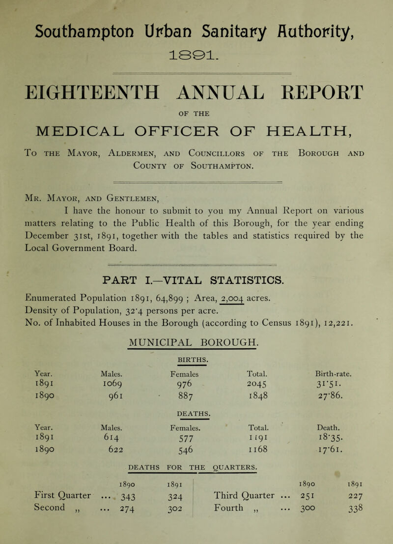 Southampton Urban Sanitary Authority, ISQl. EIGHTEENTH ANNUAL REPORT OF THE MEDICAL OFFICER OF HEALTH, To THE Mayor, Aldermen, and Councillors of the Borough and County of Southampton. Mr. Mayor, and Gentlemen, I have the honour to submit to you my Annual Report on various matters relating to the Public Health of this Borough, for the year ending December 31st, 1891, together with the tables and statistics required by the Local Government Board. PART I.—VITAL STATISTICS. Enumerated Population 1891, 64,899 ; Area, 2,004 acres. Density of Population, 32'4 persons per acre. No. of Inhabited Houses in the Borough (according to Census 1891), 12,221. MUNICIPAL BOROUGH. BIRTHS. Year. Males. Females Total. Birth-rate. 1891 1069 976 2045 1890 961 887 1848 27*86. DEATHS. Year. Males. Females. Total. Death. 1891 614 577 I 191 i8-35- 1890 622 546 1168 17*61. DEATHS FOR THE QUARTERS. 1890 1891 0 00 1891 First Quarter ••• 343 324 Third Quarter ... 251 227 Second ,, -F 302 Fourth ,, 300 338