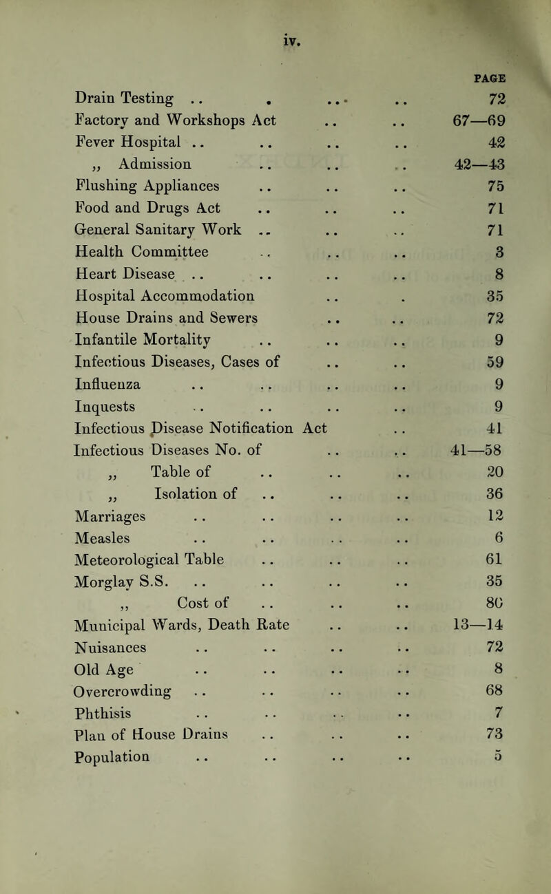 PAGE Drain Testing .. . ... .. 72 Factory and Workshops Act .. .. 67—69 Fever Hospital .. .. .. .. 42 „ Admission .. .. . . 42—43 Flushing Appliances ,. .. .. 75 Food and Drugs Act .. ., .. 71 General Sanitary Work .. .. .. 71 Health Committee .. .. .. 3 Heart Disease .. .. .. .. 8 Hospital Accommodation .. . 35 House Drains and Sewers .. .. 72 Infantile Mortality .. .. .. 9 Infectious Diseases, Cases of .. .. 59 Influenza .. .. .. .. 9 Inquests .. .. .. .. 9 Infectious pisease Notiflcation Act .. 41 Infectious Diseases No. of .. .. 41—58 „ Table of .. .. .. 20 „ Isolation of .. .. .. 36 Marriages .. .. .. .. 12 Measles .. .. . . .. 6 Meteorological Table .. .. .. 61 Morglay S.S. .. .. .. .. 35 ,, Cost of .. .. .. 80 Municipal Wards, Death Rate .. .. 13—14 Nuisances .. .. .. .. 72 Old Age .. .. .. .. 8 Overcrowding .. .. .. .. 68 Phthisis .. .. .. .. 7 Plan of House Drains .. .. .. 73 Population .. .. .. •. 5