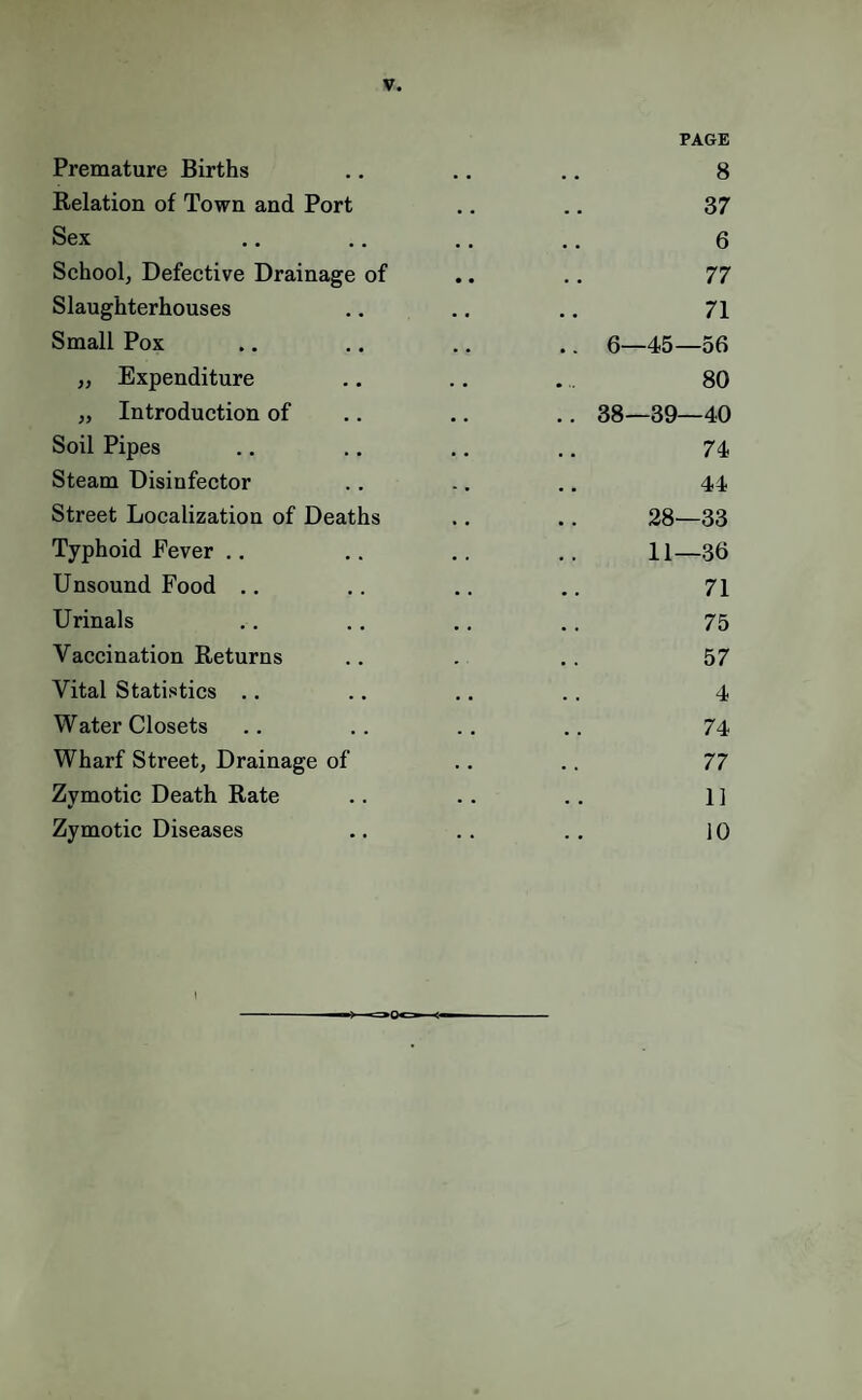 Premature Births PAGE 8 Relation of Town and Port 37 Sex • • ,, 6 School, Defective Drainage of 77 Slaughterhouses 71 Small Pox .. 6—45—56 „ Expenditure 80 „ Introduction of .. 38—39—40 Soil Pipes 74 Steam Disinfector 44 Street Localization of Deaths 28—33 Typhoid Fever .. 11—36 Unsound Food .. 71 Urinals 75 Vaccination Returns 57 Vital Statistics .. 4 Water Closets 74 Wharf Street, Drainage of 77 Zymotic Death Rate 11 Zymotic Diseases 10 1 s:>Oc^