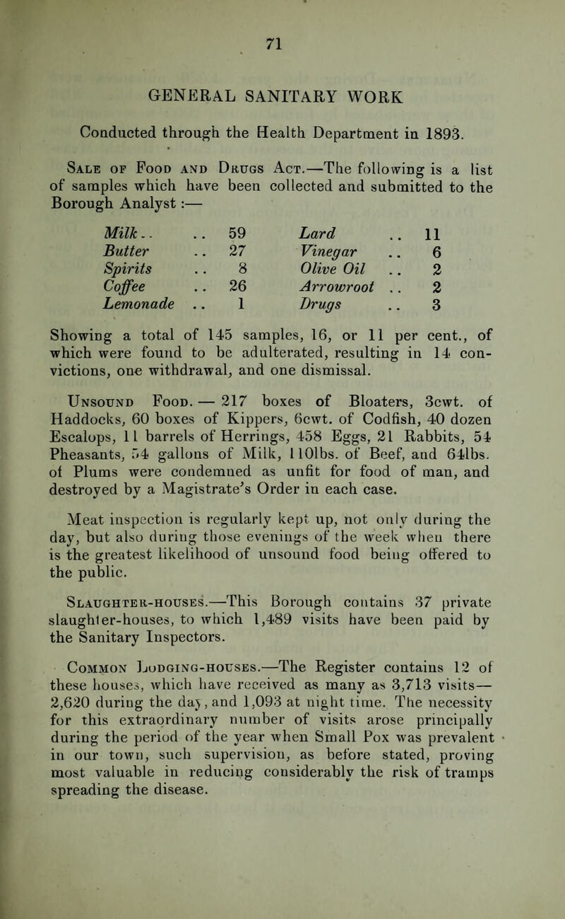 GENERAL SANITARY WORK Coadiicted through the Health Department in 1893. Sale of Food and Drugs Act.—The following is a list of samples which have been collected and submitted to the Borough Analyst:— Milk.. 59 Lard 11 Butter 27 Vinegar 6 Spirits 8 Olive Oil 2 Coffee 26 Arrowroot .. 2 Lemonade 1 Drugs 3 Showing a total of 145 samples, 16, or 11 per cent., of which were found to be adulterated, resulting in 14 con¬ victions, one withdrawal, and one dismissal. Unsound Food. — 217 boxes of Bloaters, 3cwt. of Haddocks, 60 boxes of Kippers, 6cwt. of Codfish, 40 dozen Escalops, 11 barrels of Herrings, 458 Eggs, 21 Rabbits, 54 Pheasants, 54 gallons of Milk, 1 lOlbs. of Beef, and 64lbs. of Plums were condemned as unfit for food of man, and destroyed by a Magistrate's Order in each case. Meat inspection is regularly kept up, not only during the day, but also during those evenings of the week when there is the greatest likelihood of unsound food being offered to the public. Slaughter-houses.—This Borough contains 37 private slaughter-houses, to which 1,489 visits have been paid by the Sanitary Inspectors. Common Lodging-houses.—The Register contains 12 of these houses, which have received as many as 3,713 visits— 2,620 during the daj, and 1,093 at night time. The necessity for this extraordinary number of visits arose principally during the period of the year when Small Pox was prevalent • in our town, such supervision, as before stated, proving most valuable in reducing considerably the risk of tramps spreading the disease.