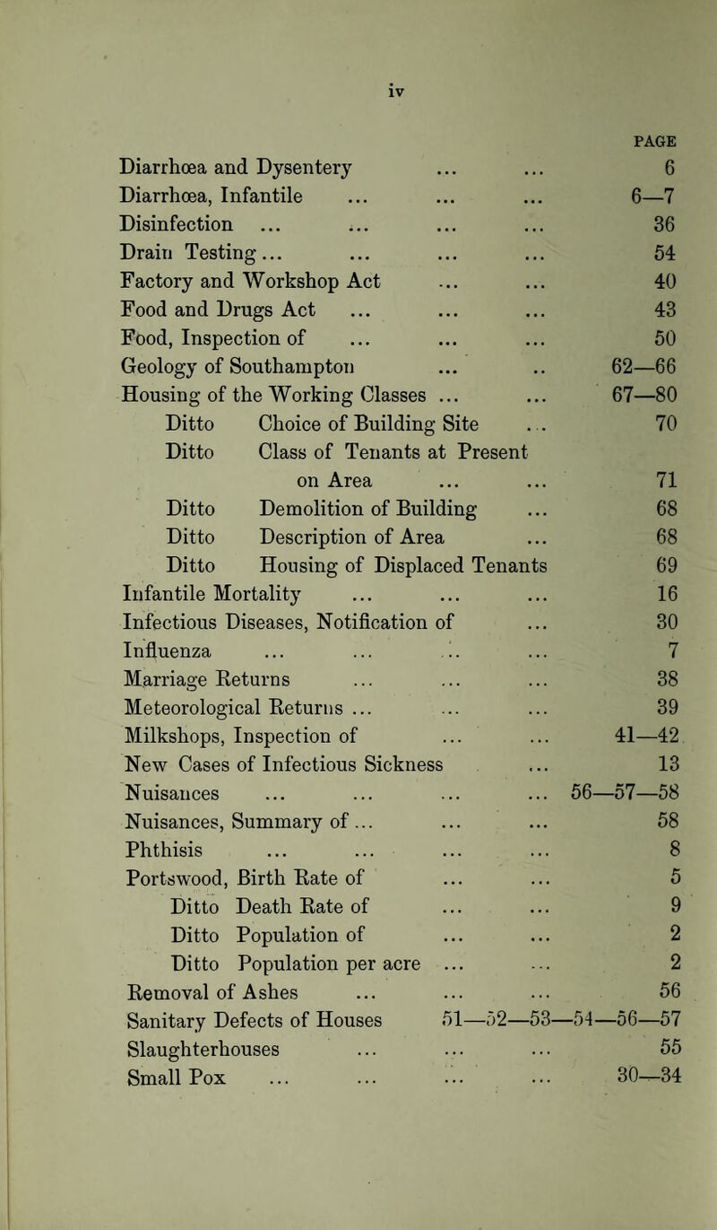 Diarrhoea and Dysentery PAGE 6 Diarrhoea, Infantile 6—7 Disinfection 36 Drain Testing... 54 Factory and Workshop Act 40 Food and Drugs Act 43 Food, Inspection of 50 Geology of Southampton 62—66 Housing of the Working Classes ... 67—80 Ditto Choice of Building Site . . 70 Ditto Class of Tenants at Present on Area 71 Ditto Demolition of Building 68 Ditto Description of Area 68 Ditto Housing of Displaced Tenants 69 Infantile Mortality 16 Infectious Diseases, Notification of 30 Influenza 7 Marriage Returns 38 Meteorological Returns ... 39 Milkshops, Inspection of 41—42 New Cases of Infectious Sickness 13 Nuisances 56—57—58 Nuisances, Summary of... 58 Phthisis 8 Portswood, Birth Rate of 5 Ditto Death Rate of 9 Ditto Population of 2 Ditto Population per acre ... 2 Removal of Ashes 56 Sanitary Defects of Houses 51—52—53- _54_56—57 Slaughterhouses 55 Small Pox 30—34