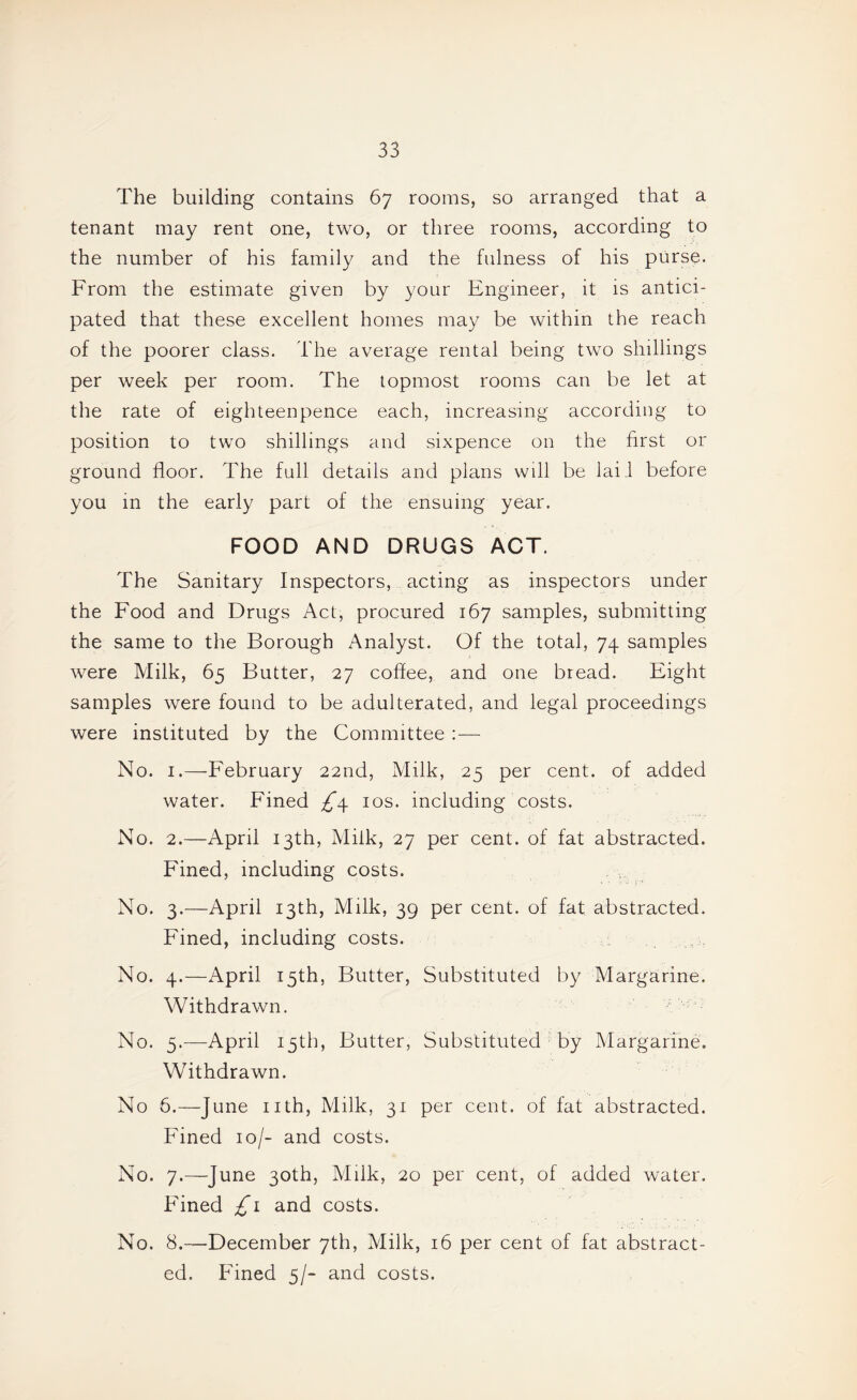 The building contains 67 rooms, so arranged that a tenant may rent one, two, or three rooms, according to the number of his family and the fulness of his purse. From the estimate given by your Engineer, it is antici¬ pated that these excellent homes may be within the reach of the poorer class. The average rental being two shillings per week per room. The topmost rooms can be let at the rate of eighteenpence each, increasing according to position to two shillings and sixpence on the first or ground floor. The full details and plans will be laii before you in the early part of the ensuing year. FOOD AND DRUGS ACT. The Sanitary Inspectors, acting as inspectors under the Food and Drugs Act, procured 167 samples, submitting the same to the Borough Analyst. Of the total, 74 samples were Milk, 65 Butter, 27 coffee, and one bread. Eight samples were found to be adulterated, and legal proceedings were instituted by the Committee ;— No. I.—February 22nd, Milk, 25 per cent, of added water. Fined ^4 los. including costs. No. 2.—April 13th, Milk, 27 per cent, of fat abstracted. Fined, including costs. No. 3.—April 13th, Milk, 39 per cent, of fat abstracted. Fined, including costs. No. 4.—April 15th, Butter, Substituted by Margarine. Withdrawn. No. 5.—April 15th, Butter, Substituted by Margarine. Withdrawn. No 6.—June nth. Milk, 31 per cent, of fat abstracted. Fined 10/- and costs. No. 7.—June 30th, Milk, 20 per cent, of added water. Fined £i and costs. No. 8.—December 7th, Milk, 16 per cent of fat abstract¬ ed. Fined 5/- and costs.