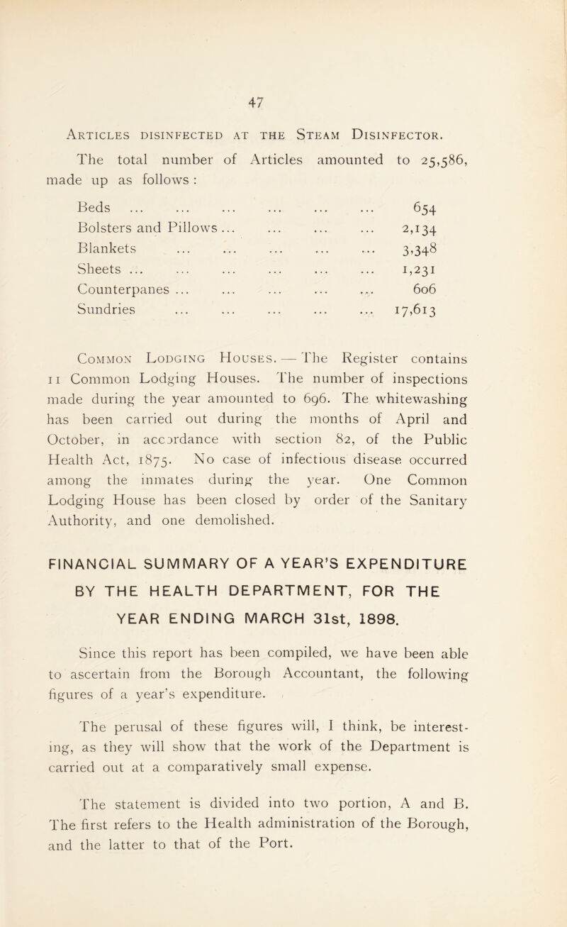 Articles disinfected at the Steam Disinfector. The total number of Articles amounted to 25,586, made up as follows : Beds Bolsters and Pillows ... Blankets Sheets ... Counterpanes ... Sundries 654 2,134 3.348 1,231 606 17,613 Common Lodging Houses. — The Register contains II Common Lodging Houses. The number of inspections made during the year amounted to 696. The whitewashing has been carried out during the months of April and October, m accDrdance with section 82, of the Public Health Act, 1875. infectious disease occurred among the inmates during the year. One Common Lodging House has been closed by order of the Sanitary Authority, and one demolished. FINANCIAL SUMMARY OF A YEAR’S EXPENDITURE BY THE HEALTH DEPARTMENT, FOR THE YEAR ENDING MARCH 31st, 1898. Since this report has been compiled, we have been able to ascertain from the Borough Accountant, the following figures of a year’s expenditure. The perusal of these figures will, I think, be interest¬ ing, as they will show that the work of the Department is carried out at a comparatively small expense. The statement is divided into two portion, A and B. The first refers to the Health administration of the Borough, and the latter to that of the Port.