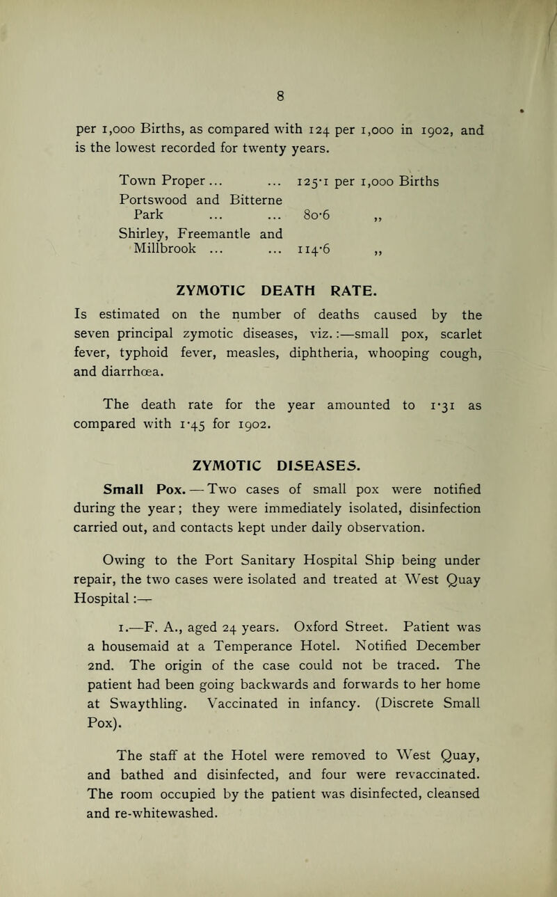 / 8 per 1,000 Births, as compared with 124 per 1,000 in 1902, and is the lowest recorded for twenty years. Town Proper... ... 125-1 per 1,000 Births Portswood and Bitterne Park ... ... 8o-6 ,, Shirley, Freemantle and Millbrook ... ... 114-6 ,, ZYMOTIC DEATH RATE. Is estimated on the number of deaths caused by the seven principal zymotic diseases, viz.:—small pox, scarlet fever, typhoid fever, measles, diphtheria, whooping cough, and diarrhoea. The death rate for the year amounted to 1-31 as compared with 1-45 for 1902. ZYMOTIC DISEASES. Small Pox. — Two cases of small pox were notified during the year; they were immediately isolated, disinfection carried out, and contacts kept under daily observation. Owing to the Port Sanitary Hospital Ship being under repair, the two cases were isolated and treated at West Quay Hospital 1.—F. A., aged 24 years. Oxford Street. Patient was a housemaid at a Temperance Hotel. Notified December 2nd. The origin of the case could not be traced. The patient had been going backwards and forwards to her home at Swaythling. Vaccinated in infancy. (Discrete Small Pox). The staff at the Hotel were removed to West Quay, and bathed and disinfected, and four were revaccinated. The room occupied by the patient was disinfected, cleansed and re-whitewashed.