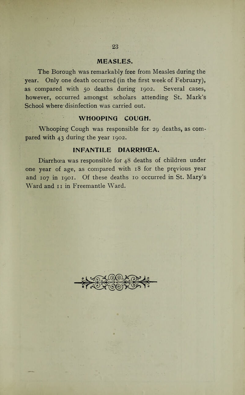 23 MEASLES. The Borough was remarkably free from Measles during the year. Only one death occurred (in the first week of February), as compared with 50 deaths during 1902. Several cases, however, occurred amongst scholars attending St. Mark’s School where disinfection was carried out. WHOOPING COUGH. Whooping Cough was responsible for 29 deaths, as com¬ pared with 43 during the year 1902. INFANTILE DIARRHOEA. Diarrhoea was responsible for 48 deaths of children under one year of age, as compared with 18 for the previous year and 107 in 1901. Of these deaths 10 occurred in St. Mary’s