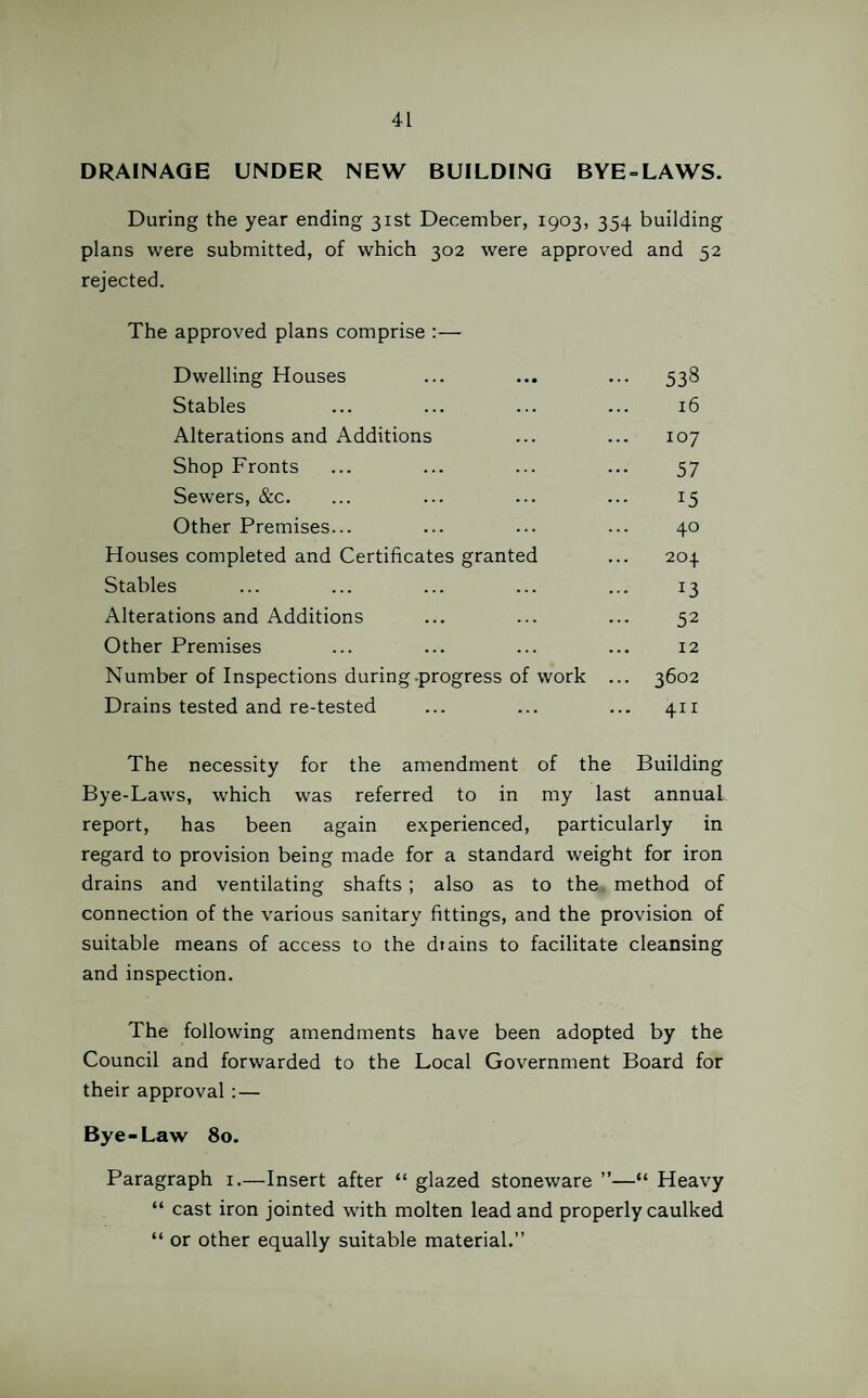 DRAINAGE UNDER NEW BUILDING BYE-LAWS. During the year ending 31st December, 1903, 354 building plans were submitted, of which 302 were approved and 52 rejected. The approved plans comprise :— Dwelling Houses ... ... ... 538 Stables ... ... ... ... 16 Alterations and Additions ... ... 107 Shop Fronts ... ... ... ... 57 Sewers, &c. ... ... ... ... 15 Other Premises... ... ... ... 40 Houses completed and Certificates granted ... 204 Stables ... ... ... ... ... 13 Alterations and Additions ... ... ... 52 Other Premises ... ... ... ... 12 Number of Inspections during-progress of work ... 3602 Drains tested and re-tested ... ... ... 411 The necessity for the amendment of the Building Bye-Laws, which was referred to in my last annual report, has been again experienced, particularly in regard to provision being made for a standard weight for iron drains and ventilating shafts ; also as to the method of connection of the various sanitary fittings, and the provision of suitable means of access to the diains to facilitate cleansing and inspection. The following amendments have been adopted by the Council and forwarded to the Local Government Board for their approval:— Bye-Law 80. Paragraph 1.—Insert after “ glazed stoneware ”—“ Heavy “ cast iron jointed with molten lead and properly caulked “ or other equally suitable material.”