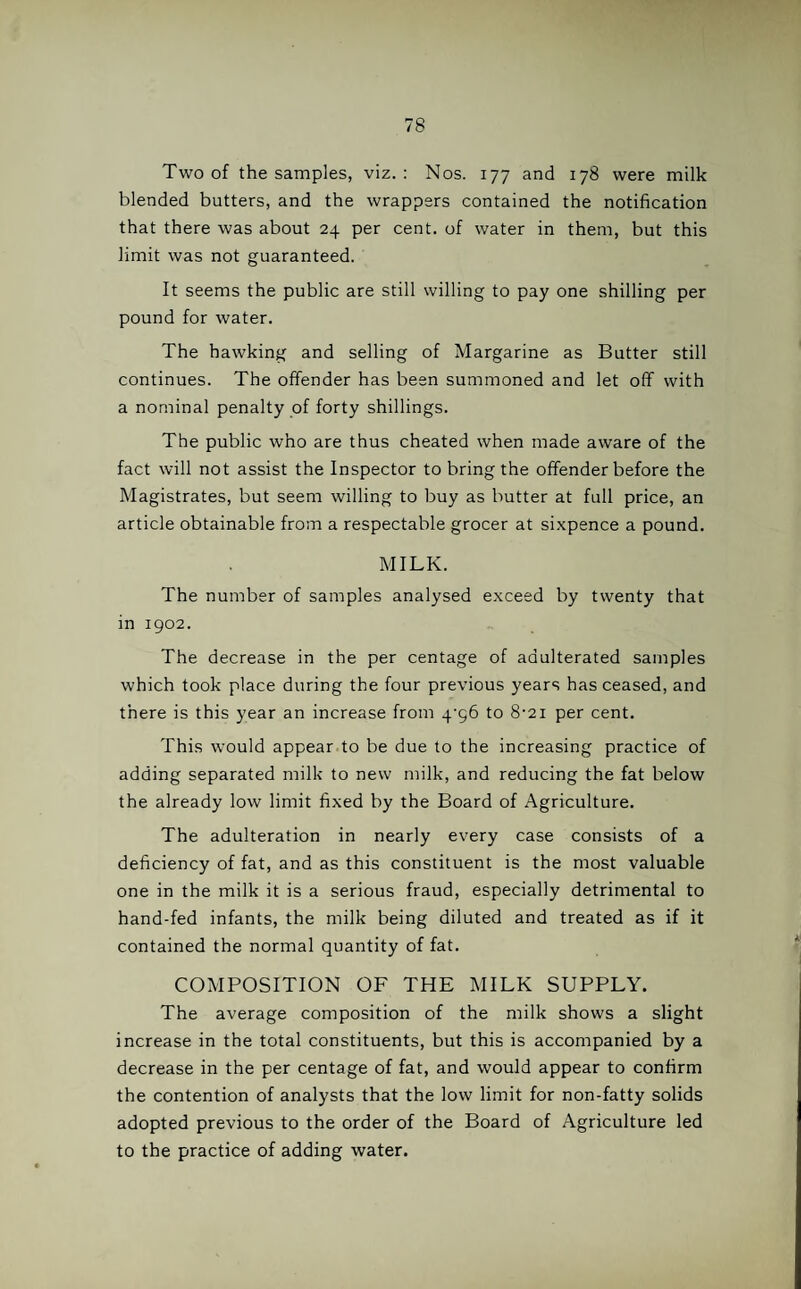 Two of the samples, viz.: Nos. 177 and 178 were milk blended butters, and the wrappers contained the notification that there was about 24 per cent, of water in them, but this limit was not guaranteed. It seems the public are still willing to pay one shilling per pound for water. The hawking and selling of Margarine as Butter still continues. The offender has been summoned and let off with a nominal penalty of forty shillings. The public who are thus cheated when made aware of the fact will not assist the Inspector to bring the offender before the Magistrates, but seem willing to buy as butter at full price, an article obtainable from a respectable grocer at sixpence a pound. MILK. The number of samples analysed exceed by twenty that in 1902. The decrease in the per centage of adulterated samples which took place during the four previous years has ceased, and there is this year an increase from 4-g6 to 8'2i per cent. This would appear to be due to the increasing practice of adding separated milk to new milk, and reducing the fat below the already low limit fixed by the Board of Agriculture. The adulteration in nearly every case consists of a deficiency of fat, and as this constituent is the most valuable one in the milk it is a serious fraud, especially detrimental to hand-fed infants, the milk being diluted and treated as if it contained the normal quantity of fat. COMPOSITION OF THE MILK SUPPLY. The average composition of the milk shows a slight increase in the total constituents, but this is accompanied by a decrease in the per centage of fat, and would appear to confirm the contention of analysts that the low limit for non-fatty solids adopted previous to the order of the Board of Agriculture led to the practice of adding water.