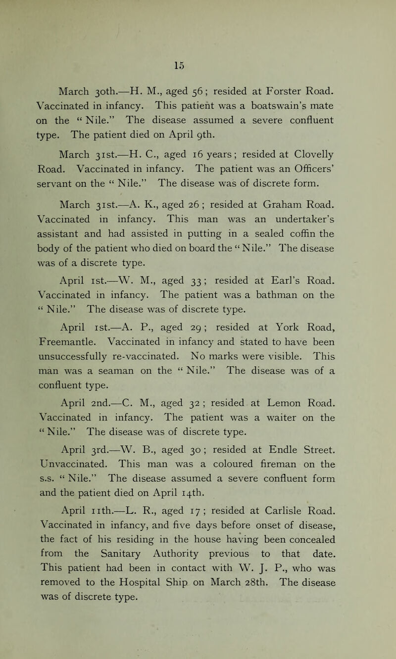 March 30th.—H. M., aged 56; resided at Forster Road. Vaccinated in infancy. This patient was a boatswain’s mate on the “Nile.” The disease assumed a severe confluent type. The patient died on April gth. March 31st.—H. C., aged 16 years; resided at Clovelly Road. Vaccinated in infancy. The patient was an Officers’ servant on the “ Nile.” The disease was of discrete form. March 31st.—A. K., aged 26; resided at Graham Road. Vaccinated in infancy. This man was an undertaker’s assistant and had assisted in putting in a sealed coffin the body of the patient who died on board the “ Nile.” The disease was of a discrete type. April 1st.—W. M., aged 33 ; resided at Earl’s Road. Vaccinated in infancy. The patient was a bathman on the “ Nile.” The disease was of discrete type. April 1st.—A. P., aged 29; resided at York Road, Freemantle. Vaccinated in infancy and stated to have been unsuccessfully re-vaccinated. No marks were visible. This man was a seaman on the “ Nile.” The disease was of a confluent type. April 2nd.—C. M., aged 32 ; resided at Lemon Road. Vaccinated in infancy. The patient was a waiter on the “ Nile.” The disease was of discrete type. April 3rd.—W. B., aged 30 ; resided at Endle Street. Unvaccinated. This man was a coloured fireman on the s.s. “ Nile.” The disease assumed a severe confluent form and the patient died on April 14th. April nth.—L. R., aged 17; resided at Carlisle Road. Vaccinated in infancy, and five days before onset of disease, the fact of his residing in the house having been concealed from the Sanitary Authority previous to that date. This patient had been in contact with W. J. P., who was removed to the Hospital Ship on March 28th. The disease was of discrete type.