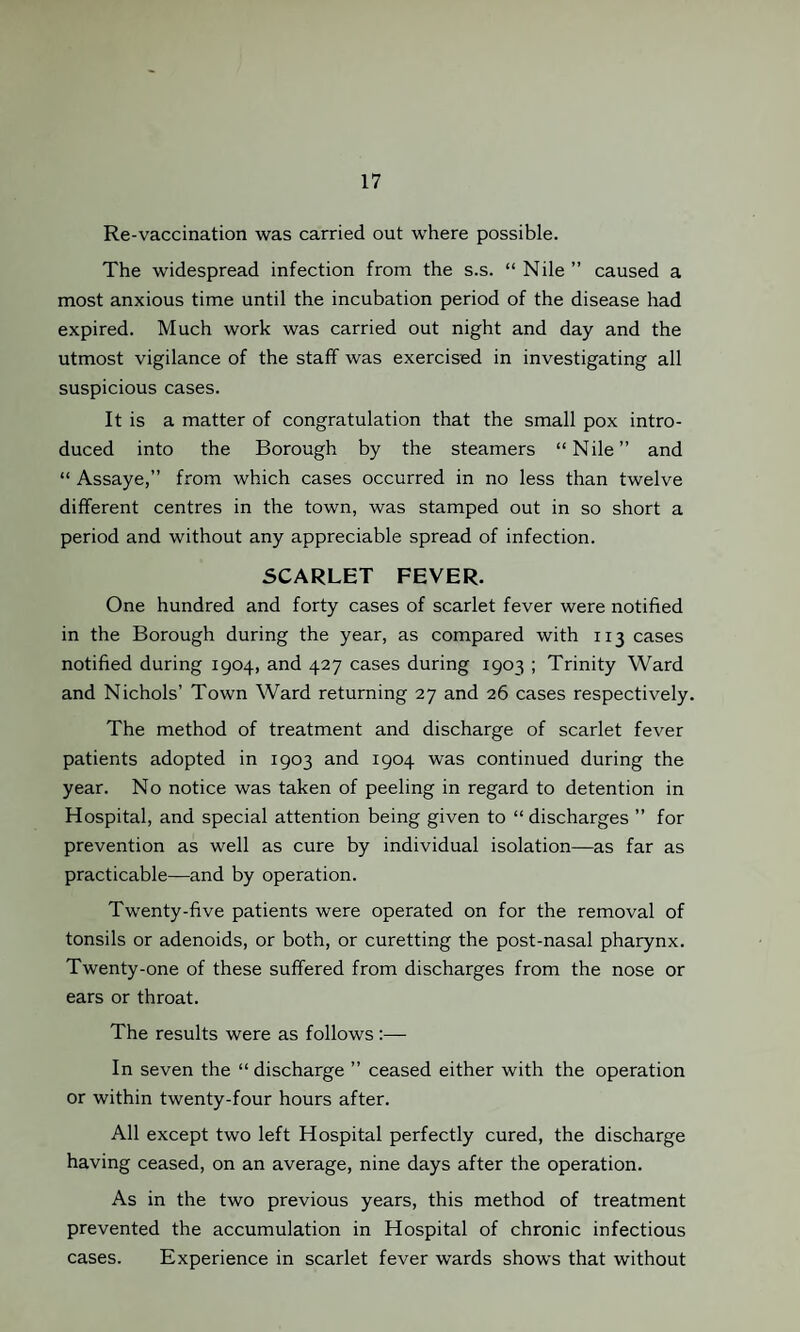 Re-vaccination was carried out where possible. The widespread infection from the s.s. “ Nile ” caused a most anxious time until the incubation period of the disease had expired. Much work was carried out night and day and the utmost vigilance of the staff was exercised in investigating all suspicious cases. It is a matter of congratulation that the small pox intro¬ duced into the Borough by the steamers “Nile” and “ Assaye,” from which cases occurred in no less than twelve different centres in the town, was stamped out in so short a period and without any appreciable spread of infection. SCARLET FEVER. One hundred and forty cases of scarlet fever were notified in the Borough during the year, as compared with 1x3 cases notified during 1904, and 427 cases during 1903 ; Trinity Ward and Nichols’ Town Ward returning 27 and 26 cases respectively. The method of treatment and discharge of scarlet fever patients adopted in 1903 and 1904 was continued during the year. No notice was taken of peeling in regard to detention in Hospital, and special attention being given to “ discharges ” for prevention as well as cure by individual isolation—as far as practicable—and by operation. Twenty-five patients were operated on for the removal of tonsils or adenoids, or both, or curetting the post-nasal pharynx. Twenty-one of these suffered from discharges from the nose or ears or throat. The results were as follows :— In seven the “ discharge ” ceased either with the operation or within twenty-four hours after. All except two left Hospital perfectly cured, the discharge having ceased, on an average, nine days after the operation. As in the two previous years, this method of treatment prevented the accumulation in Hospital of chronic infectious cases. Experience in scarlet fever wards shows that without