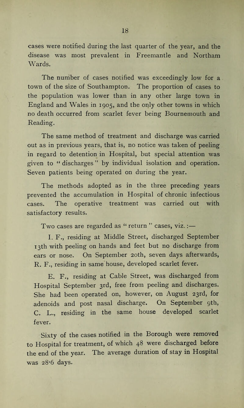 cases were notified during the last quarter of the year, and the disease was most prevalent in Freemantle and Northam Wards. The nurriber of cases notified was exceedingly low for a town of the size of Southampton. The proportion of cases to the population was lower than in any other large town in England and Wales in 1905, and the only other towns in which no death occurred from scarlet fever being Bournemouth and Reading. The same method of treatment and discharge was carried out as in previous years, that is, no notice was taken of peeling in regard to detention in Hospital, but special attention was given to “ discharges ” by individual isolation and operation. Seven patients being operated on during the year. The methods adopted as in the three preceding years prevented the accumulation in Hospital of chronic infectious cases. The operative treatment was carried out with satisfactory results. Two cases are regarded as “ return ” cases, viz.:— I. F., residing at Middle Street, discharged September T3th with peeling on hands and feet but no discharge from ears or nose. On September 20th, seven days afterwards, R. F., residing in same house, developed scarlet fever. E. F., residing at Cable Street, was discharged from Hospital September 3rd, free from peeling and discharges. She had been operated on, however, on August 23rd, for adenoids and post nasal discharge. On September gth, C. L., residing in the same house developed scarlet fever. Sixty of the cases notified in the Borough were removed to Hospital for treatment, of which 48 were discharged before the end of the year. The average duration of stay in Hospital was 28‘6 days.