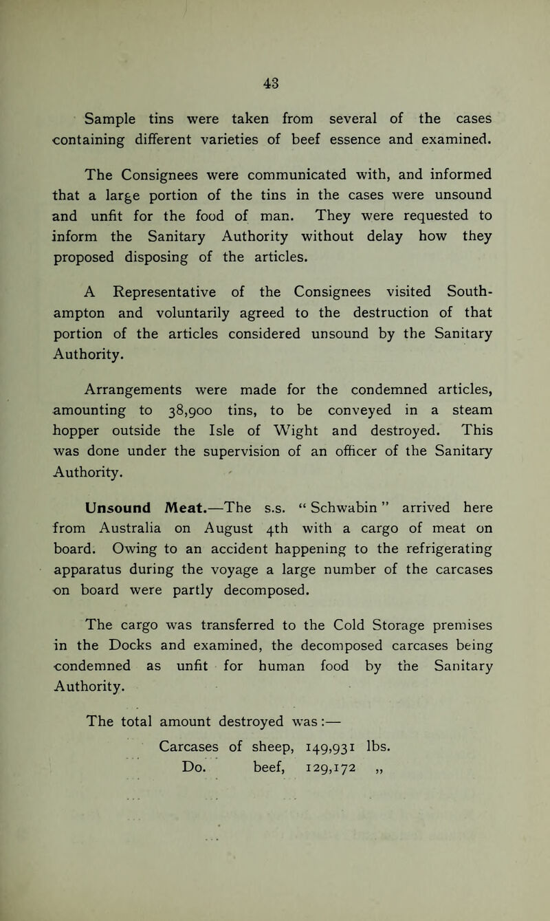 Sample tins were taken from several of the cases containing different varieties of beef essence and examined. The Consignees were communicated with, and informed that a large portion of the tins in the cases were unsound and unfit for the food of man. They were requested to inform the Sanitary Authority without delay how they proposed disposing of the articles. A Representative of the Consignees visited South¬ ampton and voluntarily agreed to the destruction of that portion of the articles considered unsound by the Sanitary Authority. Arrangements were made for the condemned articles, amounting to 38,900 tins, to be conveyed in a steam hopper outside the Isle of Wight and destroyed. This was done under the supervision of an officer of the Sanitary Authority. Unsound Meat.—The s.s. “ Schwabin ” arrived here from Australia on August 4th with a cargo of meat on board. Owing to an accident happening to the refrigerating apparatus during the voyage a large number of the carcases on board were partly decomposed. The cargo was transferred to the Cold Storage premises in the Docks and examined, the decomposed carcases being condemned as unfit for human food by the Sanitary Authority. The total amount destroyed was:— Carcases of sheep, 149,931 lbs. Do. beef, 129,172 ,,