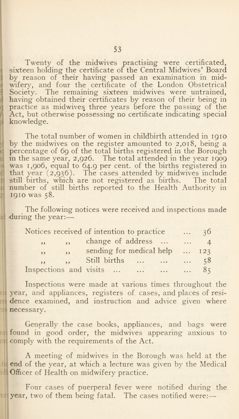 i Twenty of the midwives practising were certificated, sixteen holding the certificate of the Central Midwives’ Board by reason of their having passed an examination in mid¬ wifery, and four the certificate of the London Obstetrical ^ Society. The remaining sixteen midwives were untrained, i3 having obtained their certificates by reason of their being in (practice as midwives three years before the passing of the Act, but otherwise possessing no certificate indicating special knowledge. The total number of women in childbirth attended in 1910 ::: by the midwives on the register amounted to 2,018, being a i;j percentage of 69 of the total births registered in the Borough (I: in the same year, 2,926. The total attended in the year 1909 |»i was 1,906, equal to 64.9 per cent, of the births registered in I'J that year (2,936). The cases attended by midwives include 1:1 still births, which are not registered as births. The total It number of still births reported to the Health Authority in , 1910 was 58. The following notices were received and inspections made ijil during the year:— I ji Notices received of intention to practice 36 i- I ,, change of address ... 4 nl ' ' i ,, sending for medical help ... 123 > > ,, Still births 58 Inspections and visits ... ... ... ... 85 I‘I Inspections were made at various times throughout the : |j| year, and appliances, registers of cases, and places of resi- : }!i dence examined, and instruction and advice given where iii necessary. Generally the case books, appliances, and bags were : jtj found in good order, the midwives appearing anxious to [ j( comply with the requirements of the Act. I I A meeting of midwives in the Borough was held at the ! ij end of the year, at which a lecture was given by the Medical ; ii Officer of Health on midwifery practice. )! Four cases of puerperal fever were notified during the : |;jyear, two of them being fatal. The cases notified were:— ' 1 . 1