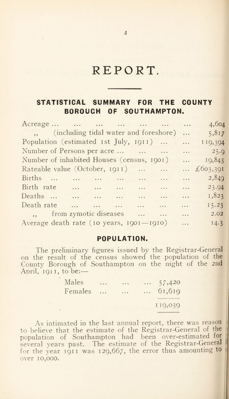 REPORT. STATISTICAL SUMMARY FOR THE COUNTY BOROUCH OF SOUTHAMPTON. Acreage ... ... ... ... ... ... ... 4,604 ,, (including tidal water and foreshore) ... 5,817 Population (estimated 1st July, 1911) . 119,394 Number of Persons per acre ... ... ... ... 25.9 Number of inhabited Houses (census, 1901) ... 19,843 Rateable value (October, 1911) ... ... ... ^603,391 Births ... ... ... ... ... ... ... 2,849 Birth rate ... ... ... ... ... ... 23.94 Deaths ... ... ... ... ... ... ... 1,823 Death rate ... ... ... ... ... ... 15-23 ,, from zymotic diseases ... ... ... 2.02 Average death rate (10 years, 1901 —1910) ... 14.3 POPULATION. The preliminary figures issued by the Registrar-General on the result of the census showed the population of the County Borough of Southampton on the night of the 2nd April, 1Q11, to be:— Males ... ... ... 57,420 Females ... ... ... 61,619 119,039 As intimated in the last annual report, there was reason to believe that the estimate of the Registrar-General of the population of Southampton had been over-estimated for several years past. The estimate of the Registrar-General for the year 1911 was 129,667, the error thus amounting to over 10,000.