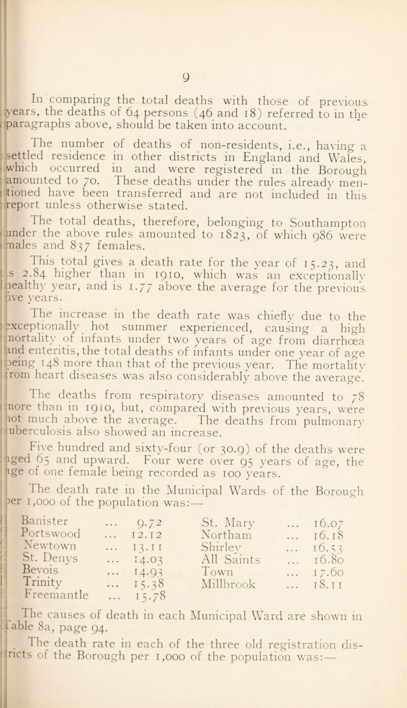 In comparing the total deaths with those of previous years, the deaths of 64 persons (46 and 18) referred to m the ; paragraphs above, should be taken into account. The number of deaths of non-residents, i.e., having a settled residence in other districts in England and Wales, 1 which occurred in and were registered in the Borough : amounted to 70. 1 hese deaths under the rules already men- 1 tioned have been transferred and are not included in this I report unless otherwise stated. 1 he total deaths, therefore, belonging to Southampton Linder the above rules amounted to 1823, of which 986 were males and 837 females. This total gives a death rate for the year of 15.23, and ■s 2.84 higher than in 1910, which was an exceptionally wealthy year, and is 1.77 above the average for the previous ive years. I he increase in the death rate was chiefly due to the exceptionally hot summer experienced, causing a high mortality of infants under two years of age from diarrhoea hnd enteritis, the total deaths of infants under one year of age oeing 148 more than that of the previous year. The mortality rom heart diseases was also considerably above the average. The deaths from respiratory diseases amounted to 78 more than in 1910, but, compared with previous years, were lot much above the average. The deaths from pulmonary uberculosis also showed an increase. Five hundred and sixty-four (or 30.9) of the deaths were iged 65 and upward. Four were over 95 years of age, the ige of one female being recorded as 100 years. 1 he death rate in the Municipal Wards of the Borough ier 1,000 of the population was:— Banister ... 9.72 St. Mary ... 16.07 Ports wood ... 12.12 Northam ... 16.18 Newtown ... 13.11 Shirley ... 16.53 St. Denys ... 14.03 All Saints ... 16/80 Bevois ... 14.9^ Town ... 17.60 Trinity ... 15.38 Millb rook ... 18.11 Freemantle ... 15.78 The causes of death in each Municipal Ward are shown in 1 able 8a, page 94. The death rate 111 each of the three old registration dis¬ rupts of the Borough per 1,000 of the population was: —