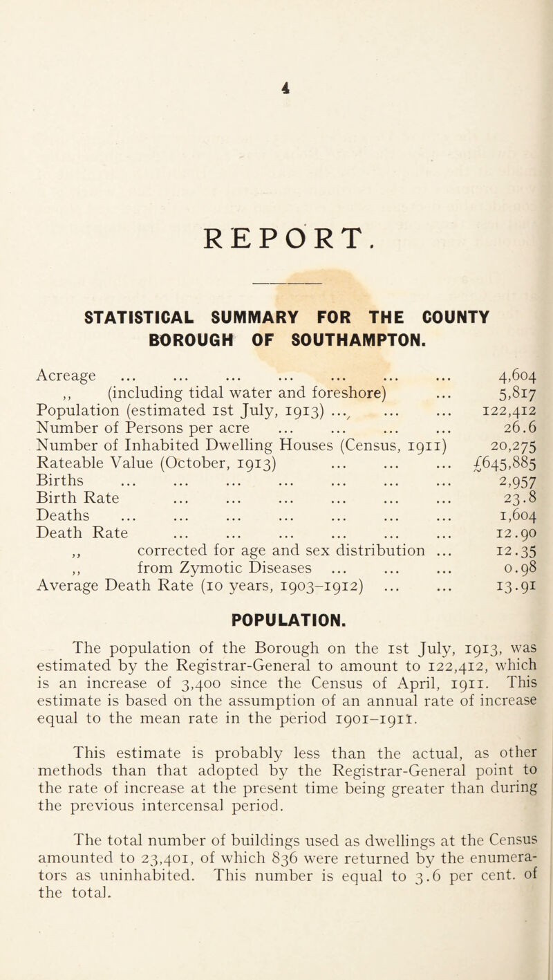 REPORT. STATISTICAL SUMMARY FOR THE COUNTY BOROUGH OF SOUTHAMPTON. Acreage ... ... ... ... ... ... ... 4,604 ,, (including tidal water and foreshore) ... 5,817 Population (estimated ist July, 1913) ... ... 122,412 Number of Persons per acre ... ... ... ... 26.6 Number of Inhabited Dwelling Houses (Census, 1911) 20,275 Rateable Value (October, 1913) ... ... ... £645,885 Births ... ... ... ... ... ... ... 2,957 Birth Rate ... ... ... ... ... ... 23.8 Deaths ... ... ... ... ... ... ... 1,604 Death Rate ... ... ... ... ... ... 12.90 ,, corrected for age and sex distribution ... 12.35 ,, from Zymotic Diseases ... ... ... 0.98 Average Death Rate (10 years, 1903-1912) ... ... 13-91 POPULATION. The population of the Borough on the ist July, 1913, was estimated by the Registrar-General to amount to 122,412, which is an increase of 3,400 since the Census of April, 1911. This estimate is based on the assumption of an annual rate of increase equal to the mean rate in the period 1901-1911. This estimate is probably less than the actual, as other methods than that adopted by the Registrar-General point to the rate of increase at the present time being greater than during the previous intercensal period. The total number of buildings used as dwellings at the Census amounted to 23,401, of which 836 were returned by the enumera¬ tors as uninhabited. This number is equal to 3.6 per cent, of the total.