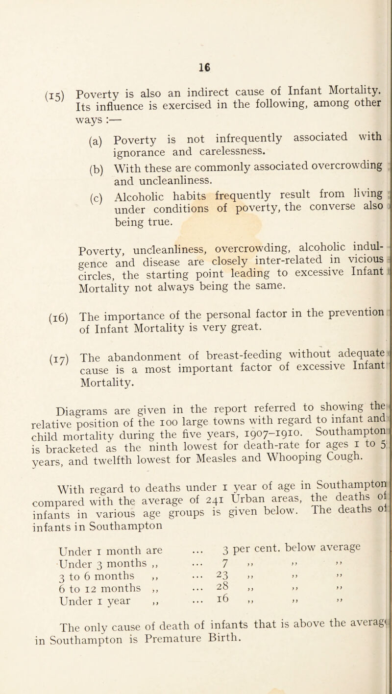 /j^\ Poverty is also an indirect cause of Infant Mortality. Its influence is exercised in the following, among other ways :— (a) Poverty is not infrequently associated with ignorance and carelessness. (b) With these are commonly associated overcrowding and uncleanliness. (c) Alcoholic habits frequently result from living under conditions of poverty, the converse also j being true. Poverty, undeanliness, overcrowding, alcoholic indul¬ gence and disease are closely inter-related in vicious i: circles, the starting point leading to excessive Infant Mortality not always being the same. (16) The importance of the personal factor in the prevention of Infant Mortality is very great. (17) The abandonment of breast-feeding without adequate-* cause is a most important factor of excessive Infant Mortality. Diagrams are given in the report referred to showing theh relative position of the 100 large towns with regard to infant and child mortality during the five years, 1907-1910. Southampton! is bracketed as the ninth lowest for death-rate for ages i to 5 years, and twelfth lowest for Measles and Whooping Cough. With regard to deaths under i year of age in Southarnpton compared with the average of 241 Urban areas, the deatfe 0. infants in various age groups is given below. The deaths 01 infants in Southampton Under i month are ... 3 cent, below average •Under 3 months ,, ... 7 3 to 6 months ,, ... 23 ,, ,, 6 to 12 months ,, ... 28 ,, ,, »» Under i year ,, ... 16 ,, ,, The only cause of death of infants that is above the average in Southampton is Premature Birth.
