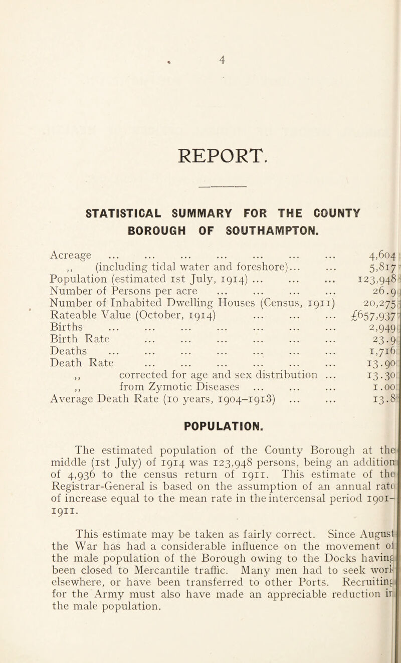 4 REPORT. STATISTICAL SUMMARY FOR THE COUNTY BOROUGH OF SOUTHAMPTON. Acreage ,, (including tidal water and foreshore)... Population (estimated ist July, 1914) ... Number of Persons per acre Number of Inhabited Dwelling Houses (Census, 1911) Rateable Value (October, 1914) Births Birth Rate Deaths ... ... ... ... ... ... .. Death Rate ,, corrected for age and sex distribution .. ,, from Zymotic Diseases Average Death Rate (10 years, 1904-1913) 4,604 : 5,817^ 123,948^ 26.91] 20,2751; £657037 2,9491: 23.91- 1,716 13.90 13.30 I .00, POPULATION. The estimated population of the County Borough at the middle (ist July) of 1914 was 123,948 persons, being an addition: of 4,936 to the census return of 1911. This estimate of the Registrar-General is based on the assumption of an annual rate of increase equal to the mean rate in the intercensal period 1901- 1911. This estimate may be taken as fairly correct. Since August- the War has had a considerable influence on the movement ol the male population of the Borough owing to the Docks having been closed to Mercantile traffic. Many men had to seek work elsewhere, or have been transferred to other Ports. Recruiting for the Army must also have made an appreciable reduction ir. the male population.