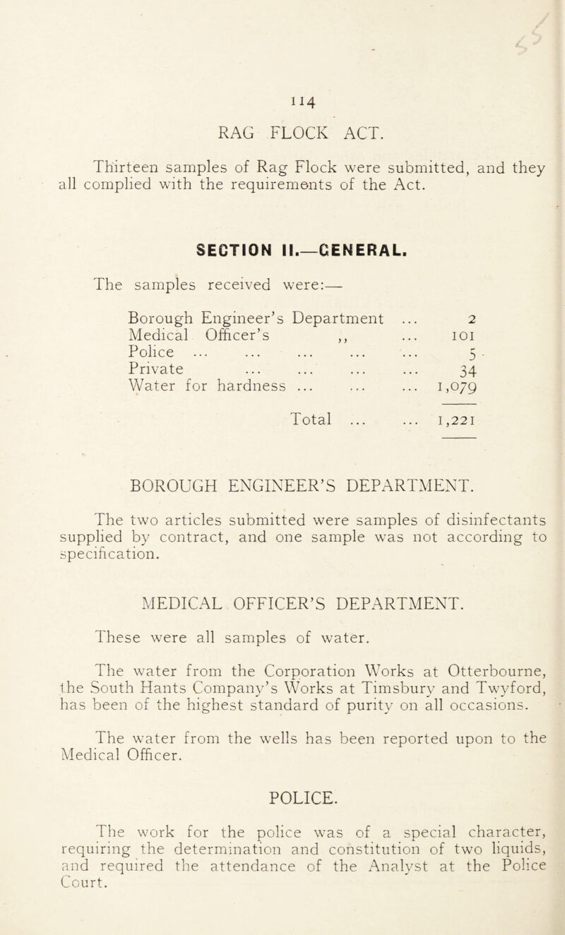 RAG FLOCK ACT. Thirteen samples of Rag Flock were submitted, and they all complied with the requirements of the Act. SECTION II_OENERAL. The samples received were:— Borough Engineer’s Department Medical Officer’s ,, Police Private Water for hardness ... Total 2 lOI 5 • 34 1,079 1,221 BOROUGH ENGINEER’S DEPARTMENT. The two articles submitted were samples of disinfectants supplied by contract, and one sample was not according to specification. MEDICAL OFFICER’S DEPARTMENT. These were all samples of water. The water from the Corporation Works at Otterbourne, lhe South Hants Company’s Works at Timsbury and Twyford, has been of the highest standard of purity on all occasions. The water from the wells has been reported upon to the Medical Officer. POLICE. The work for the police was of a special character, requiring the determination and constitution of two liquids, and required the attendance of the Analyst at the Police Court.