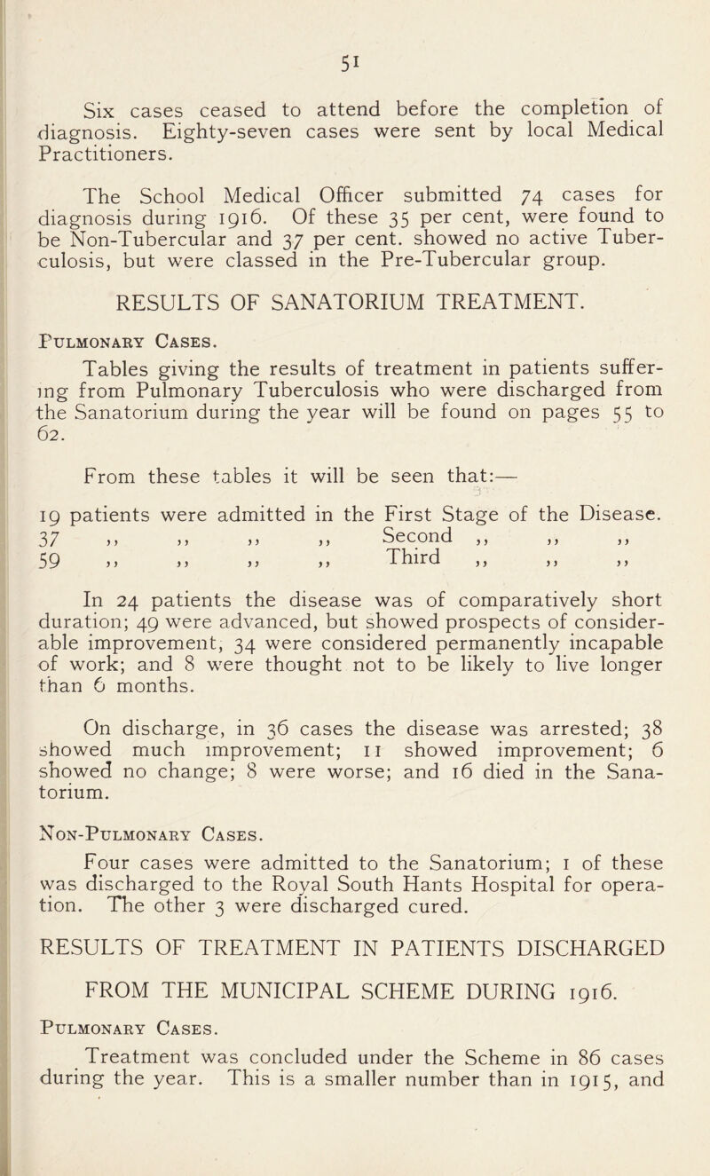 Six cases ceased to attend before the completion of diagnosis. Eighty-seven cases were sent by local Medical Practitioners. The School Medical Officer submitted 74 cases for diagnosis during 1916. Of these 35 per cent, were found to be Non-Tubercular and 37 per cent, showed no active Tuber¬ culosis, but were classed in the Pre-Tubercular group. RESULTS OF SANATORIUM TREATMENT. Pulmonary Cases. Tables giving the results of treatment in patients suffer¬ ing from Pulmonary Tuberculosis who were discharged from the Sanatorium during the year will be found on pages 55 to 62. From these tables it will be seen that:— 19 patients were admitted in the First Stage of the Disease. 3/ jj 5) j> Second ,, ,, ,, 59 ff Third ,, ,, ,, In 24 patients the disease was of comparatively short duration; 49 were advanced, but showed prospects of consider¬ able improvement, 34 were considered permanently incapable of work; and 8 were thought not to be likely to live longer than 6 months. On discharge, in 36 cases the disease was arrested; 38 showed much improvement; ii showed improvement; 6 showed no change; 8 were worse; and 16 died in the Sana¬ torium. Non-Pulmonary Cases. Four cases were admitted to the Sanatorium; i of these was discharged to the Royal South Hants Hospital for opera¬ tion. The other 3 were discharged cured. RESULTS OF TREATMENT IN PATIENTS DISCHARGED FROM THE MUNICIPAL SCHEME DURING 1916. Pulmonary Cases. ^ Treatment was concluded under the Scheme in 86 cases during the year. This is a smaller number than in 1915, and
