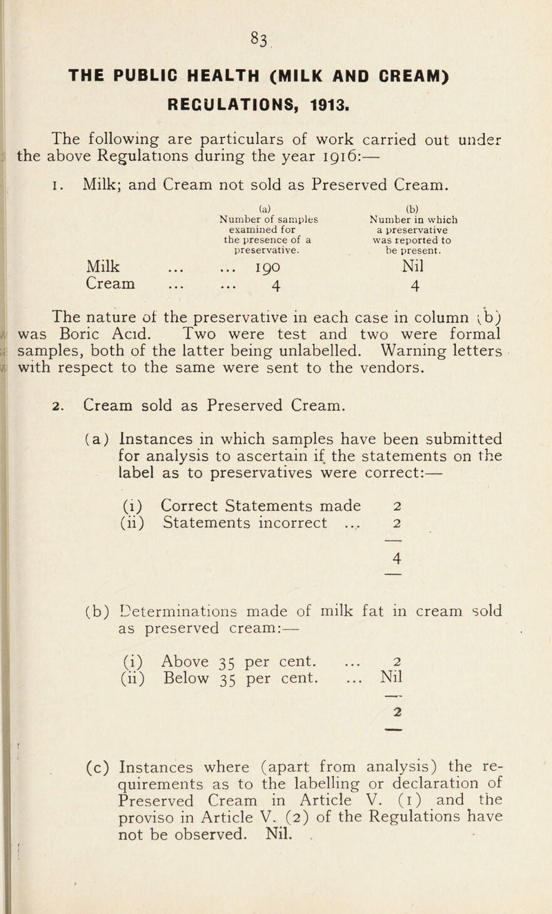 THE PUBLIC HEALTH (MILK AND CREAM) REGULATIONS, 1913. The following are particulars of work carried out under the above Regulations during the year 1916:— I. Milk; and Cream not sold as Preserved Cream. Milk Cream (a) Number of samples examined for the presence of a preservative. 190 ... 4 (b) Number in which a preservative was reported to be present. Nil 4 The nature of the preservative in each case in column ;.b) was Boric Acid. Two were test and two were formal samples, both of the latter being unlabelled. Warning letters with respect to the same were sent to the vendors. 2. Cream sold as Preserved Cream. (a) Instances in which samples have been submitted for analysis to ascertain if the statements on the label as to preservatives were correct:— (1) Correct Statements made 2 (ii) Statements incorrect ... 2 4 (b) Determinations made of milk fat in cream sold as preserved cream:— (i) Above 35 per cent. ... 2 (ii) Below 35 per cent. ... Nil 2 (c) Instances where (apart from analysis) the re¬ quirements as to the labelling or declaration of Preserved Cream in Article V. (i) and the proviso in Article V. (2) of the Regulations have not be observed. Nil. .