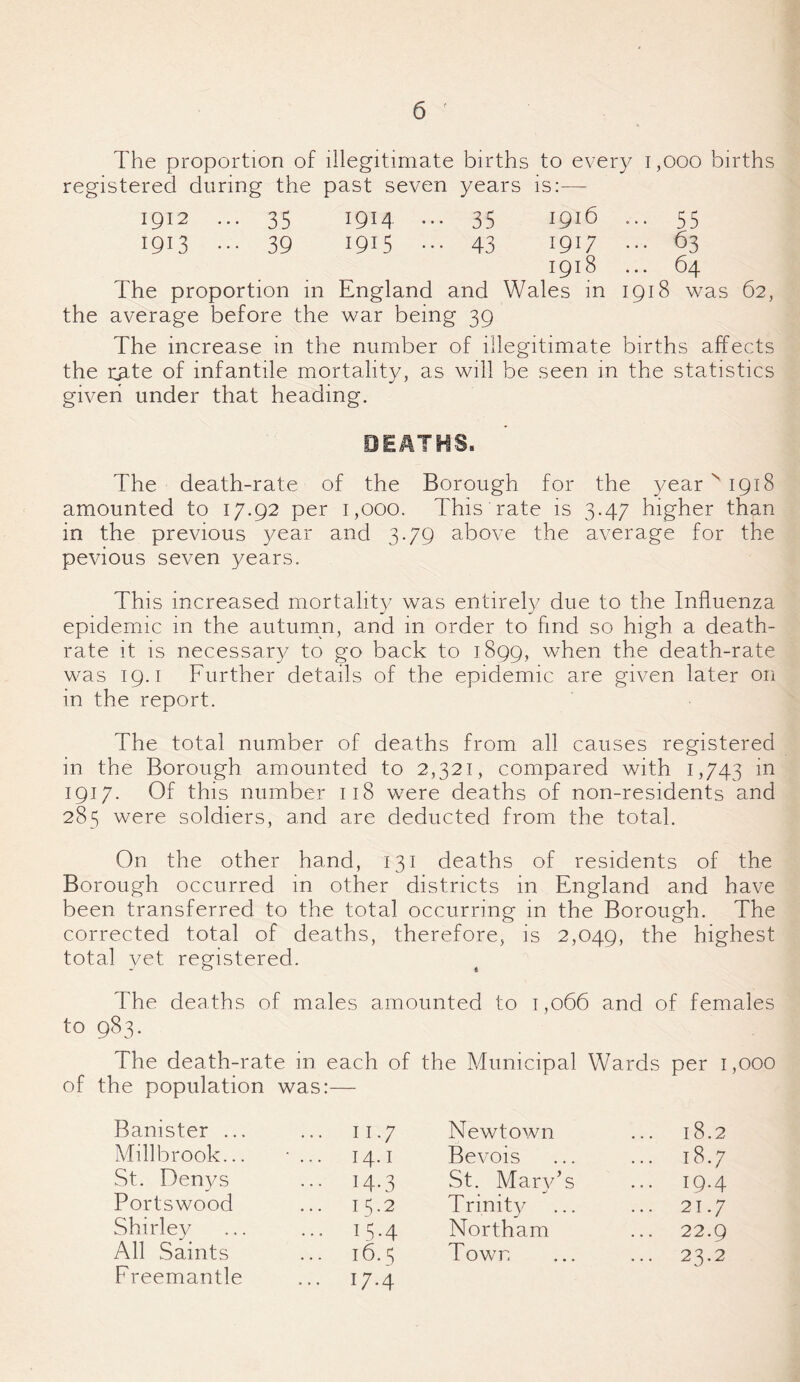 The proportion of illegitimate births to every 1,000 births registered during the past seven years is:—- 1912 ... 35 1914 ... 35 1916 ... 55 1913 ... 39 1915 ... 43 1917 ... 63 1918 ... 64 The proportion in England and Wales in 1918 was 62, the average before the war being 39 The increase in the number of illegitimate births affects the r^te of infantile mortality, as will be seen in the statistics given under that heading. DEATHS, The death-rate of the Borough for the year s 1918 amounted to 17.92 per 1,000. This rate is 3.47 higher than in the previous year and 3.79 above the average for the pevious seven years. This increased mortality was entirely due to the Influenza epidemic in the autumn, and in order to And so high a death- rate it is necessary to go back to 1899, when the death-rate was 19.1 Further details of the epidemic are given later on in the report. The total number of deaths from all causes registered in the Borough amounted to 2,321, compared with 1,743 in 1917. Of this number 11S were deaths of non-residents and 285 were soldiers, and are deducted from the total. On the other hand, 131 deaths of residents of the Borough occurred in other districts in England and have been transferred to the total occurring in the Borough. The corrected total of deaths, therefore, is 2,049, the highest total yet registered. The deaths of males amounted to 1,066 and of females to 983. The death-rate in each of the Municipal Wards per 1,000 of the population was:— Banister ... ... 11.7 Newtown 18.2 Mil] brook... ■ ... 14.1 Bevois 18.7 St. Denys ... 14.3 St. Mary’s ... 19.4 Portswood ... 15.2 Trinity ... 21.7 Shirley ... 15.4 Northam ... 22.9 All Saints 16.S Town ... 23.2 Freemantle ... 17.4