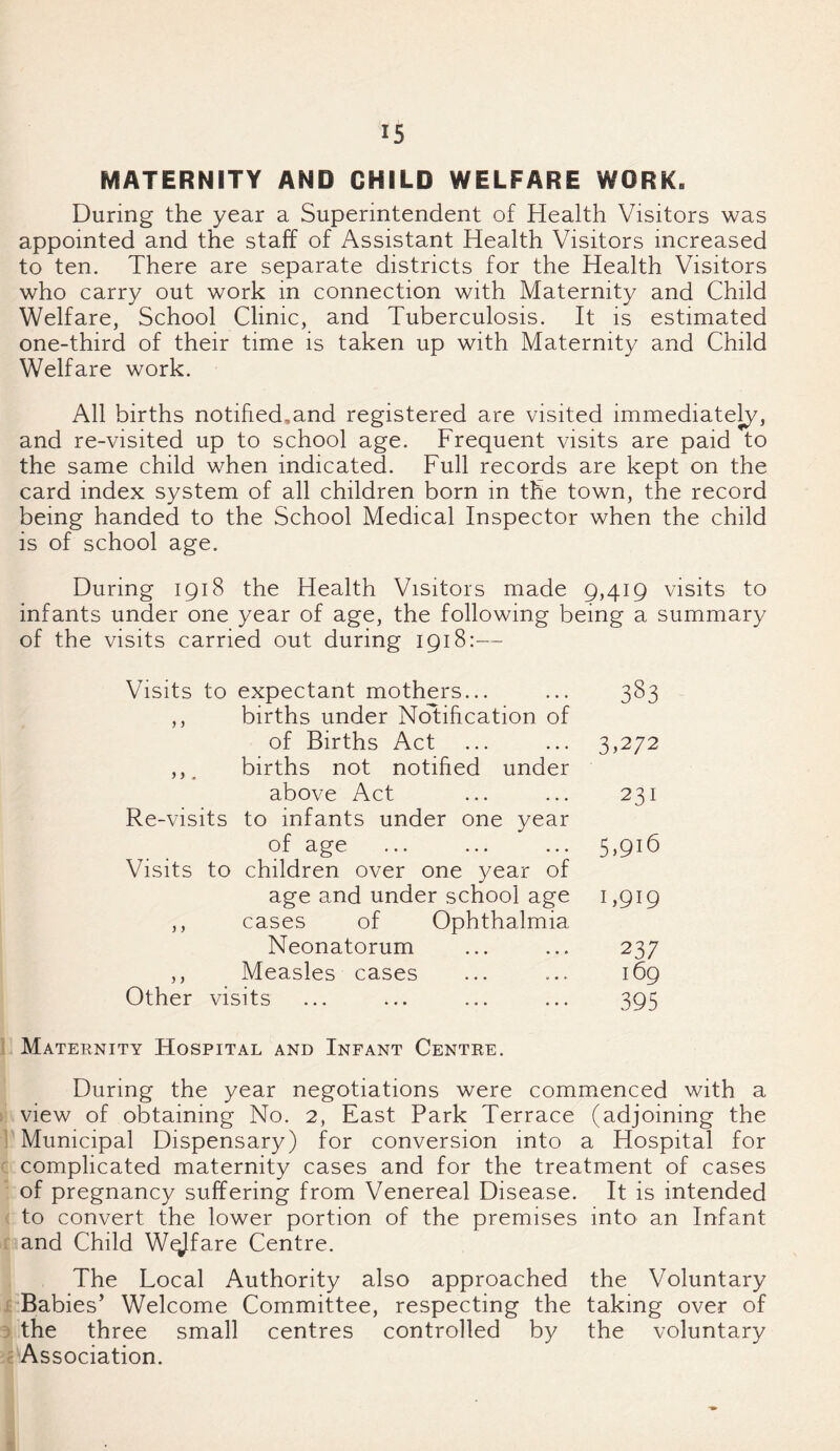 MATERNITY AND CHILD WELFARE WORK* During the year a Superintendent of Health Visitors was appointed and the staff of Assistant Health Visitors increased to ten. There are separate districts for the Health Visitors who carry out work in connection with Maternity and Child Welfare, School Clinic, and Tuberculosis. It is estimated one-third of their time is taken up with Maternity and Child Welfare work. All births notified,and registered are visited immediately, and re-visited up to school age. Frequent visits are paid to the same child when indicated. Full records are kept on the card index system of all children born in the town, the record being handed to the School Medical Inspector when the child is of school age. During 1918 the Health Visitors made 9,419 visits to infants under one year of age, the following being a summary of the visits carried out during 1918:— Visits to expectant mothers... ... 383 ,, births under Notification of of Births Act ... ... 3,272 ,,, births not notified under above Act ... ... 231 Re-visits to infants under one year of age ... ... ... 5,916 Visits to children over one year of age and under school age 1,919 ,, cases of Ophthalmia Neonatorum ... ... 237 ,, Measles cases ... ... 169 Other visits ... ... ... ... 395 Maternity Hospital and Infant Centre. During the year negotiations were commenced with a view of obtaining No. 2, East Park Terrace (adjoining the Municipal Dispensary) for conversion into a Hospital for complicated maternity cases and for the treatment of cases of pregnancy suffering from Venereal Disease. It is intended to convert the lower portion of the premises into an Infant and Child Welfare Centre. The Local Authority also approached the Voluntary Babies’ Welcome Committee, respecting the taking over of the three small centres controlled by the voluntary Association.