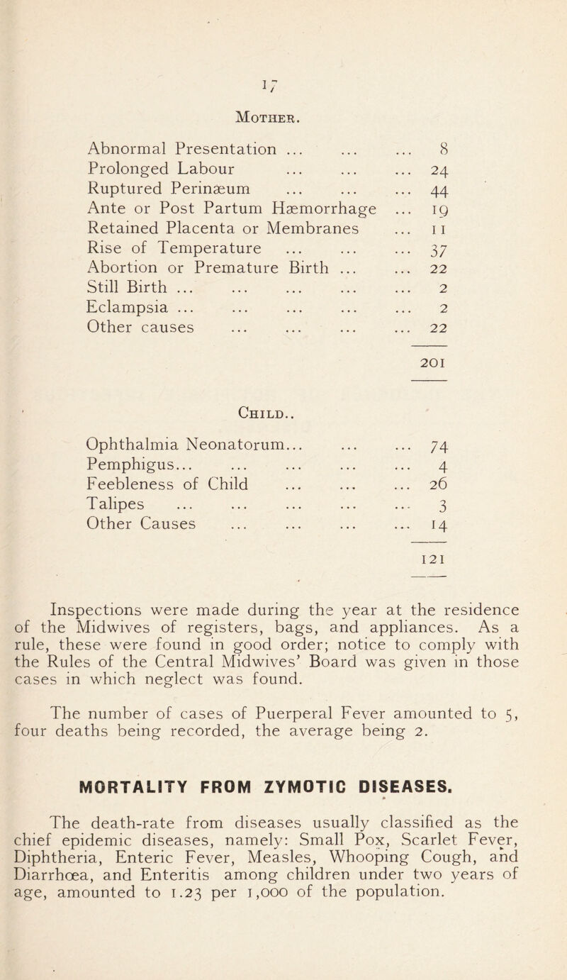 Mother. Abnormal Presentation ... ... 8 Prolonged Labour ... 24 Ruptured Perinaeum ... 44 Ante or Post Partum Haemorrhage ... IQ Retained Placenta or Membranes II Rise of Temperature ••• 37 Abortion or Premature Birth ... ... 22 Still Birth ... 2 Eclampsia ... 2 Other causes ... 22 201 Child.. Ophthalmia Neonatorum... ... 74 Pemphigus... ... 4 Feebleness of Child ... 26 Talipes 3 Other Causes 14 I 2 I Inspections were made during the year at the residence of the Midwives of registers, bags, and appliances. As a rule, these were found in good order; notice to comply with the Rules of the Central Midwives’ Board was given in those cases in which neglect was found. The number of cases of Puerperal Fever amounted to 5, four deaths being recorded, the average being 2. MORTALITY FROM ZYMOTIC DISEASES. The death-rate from diseases usually classified as the chief epidemic diseases, namely: Small Pox, Scarlet Fever, Diphtheria, Enteric Fever, Measles, Whooping Cough, and Diarrhoea, and Enteritis among children under two years of age, amounted to 1.23 per 1,000 of the population.