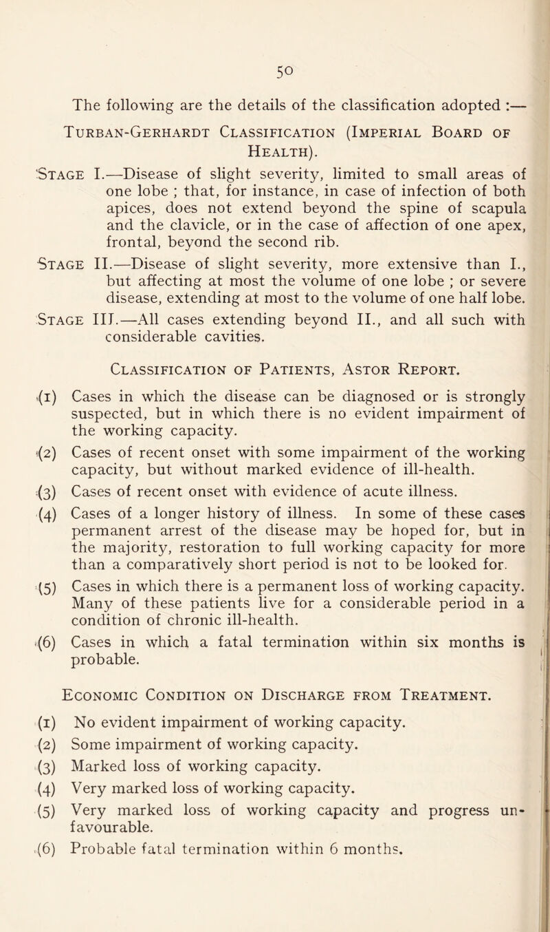 The following are the details of the classification adopted :— Turban-Gerhardt Classification (Imperial Board of Health). Stage I.—Disease of slight severity, limited to small areas of one lobe ; that, for instance, in case of infection of both apices, does not extend beyond the spine of scapula and the clavicle, or in the case of affection of one apex, frontal, beyond the second rib. Stage II.—Disease of slight severity, more extensive than I., but affecting at most the volume of one lobe ; or severe disease, extending at most to the volume of one half lobe. Stage III.—All cases extending beyond II., and all such with considerable cavities. Classification of Patients, Astor Report. ^(i) Cases in which the disease can be diagnosed or is strongly suspected, but in which there is no evident impairment of the working capacity. !(2) Cases of recent onset with some impairment of the working capacity, but without marked evidence of ill-health. (3) Cases of recent onset with evidence of acute illness. (4) Cases of a longer history of illness. In some of these cases permanent arrest of the disease may be hoped for, but in the majority, restoration to full working capacity for more than a comparatively short period is not to be looked for. (5) Cases in which there is a permanent loss of working capacity. Many of these patients live for a considerable period in a condition of chronic ill-health. t(6) Cases in which a fatal termination within six months is probable. Economic Condition on Discharge from Treatment. (1) No evident impairment of working capacity. (2) Some impairment of working capacity. (3) Marked loss of working capacity. (4) Very marked loss of working capacity. (5) Very marked loss of working capacity and progress un¬ favourable. .(6) Probable fatal termination within 6 months.