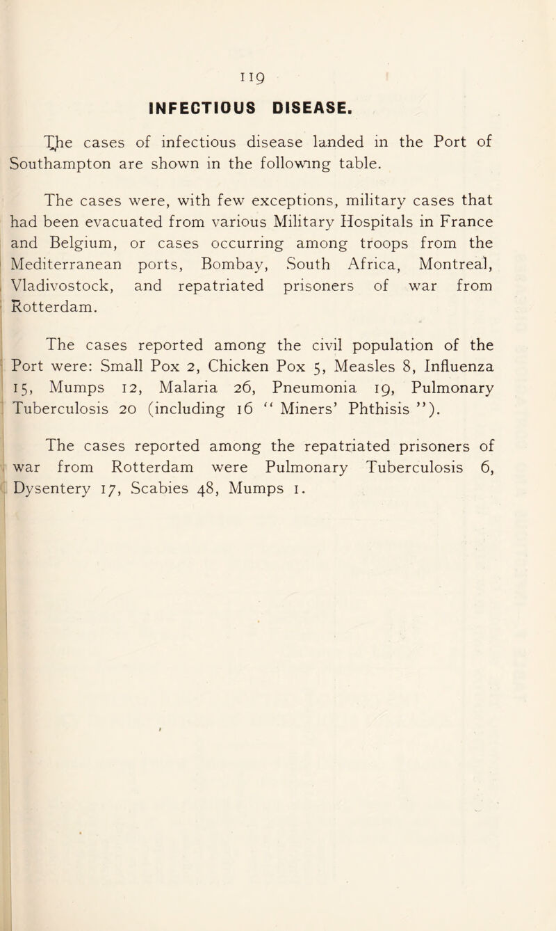 INFECTIOUS DISEASE. The cases of infectious disease landed in the Port of Southampton are shown in the following table. The cases were, with few exceptions, military cases that had been evacuated from various Military Hospitals in France and Belgium, or cases occurring among troops from the Mediterranean ports, Bombay, South Africa, Montreal, Vladivostock, and repatriated prisoners of war from Rotterdam. The cases reported among the civil population of the Port were: Small Pox 2, Chicken Pox 5, Measles 8, Influenza 15, Mumps 12, Malaria 26, Pneumonia 19, Pulmonary Tuberculosis 20 (including 16 “ Miners’ Phthisis ”). The cases reported among the repatriated prisoners of war from Rotterdam were Pulmonary Tuberculosis 6, Dysentery 17, Scabies 48, Mumps i.