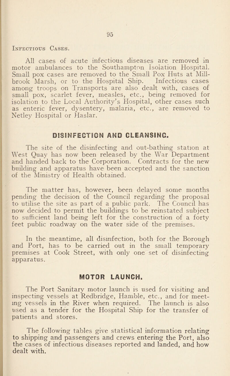 Infectious Cases. All cases of acute infectious diseases are removed in motor ambulances to the Southampton Isolation Hospital. Small pox cases are removed to the Small Pox Huts at Mill- brook Marsh, or to the Hospital Ship. Infectious cases among troops on Transports are also dealt with, cases of small pox, scarlet fever, measles, etc., being removed for isolation to the Local Authority’s Hospital, other cases such as enteric fever, dysentery, malaria, etc., are removed to Netley Hospital or Haslar. DISINFECTION AND CLEANSING. The site of the disinfecting and out-bathing station at West Quay has now been released by the War Department and handed back to the Corporation. Contracts for the new building and apparatus have been accepted and the sanction of the Ministry of Health obtained. The matter has, however, been delayed some months pending the decision of the Council regarding the proposal to utilise the site as part of a public park. The Council has now decided to permit the buildings to be reinstated subject to sufficient land being left for the construction of a forty feet public roadway on the water side of the premises. In the meantime, all disinfection, both for the Borough and Port, has to be carried out in the small temporary premises at Cook Street, with only one set of disinfecting apparatus. MOTOR LAUNCH, The Port Sanitary motor launch is used for visiting and inspecting vessels at Redbridge, Hamble, etc., and for meet¬ ing vessels in the River when required. The launch is also used as a tender for the Hospital Ship for the transfer of patients and stores. The following tables give statistical information relating to shipping and passengers and crews entering the Port, also the cases of infectious diseases reported and landed, and how dealt with.