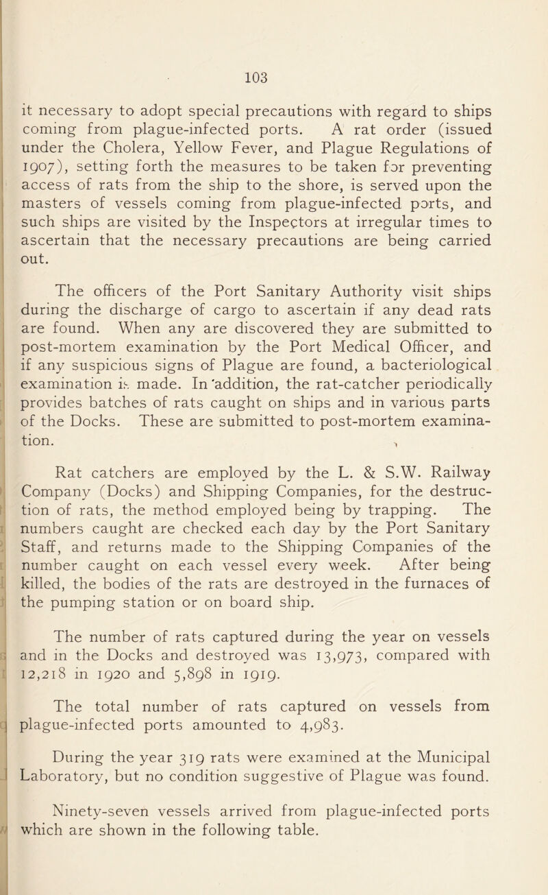 it necessary to adopt special precautions with regard to ships coming from plague-infected ports. A rat order (issued under the Cholera, Yellow Fever, and Plague Regulations of 1907), setting forth the measures to be taken for preventing access of rats from the ship to the shore, is served upon the masters of vessels coming from plague-infected ports, and such ships are visited by the Inspectors at irregular times to ascertain that the necessary precautions are being carried out. The officers of the Port Sanitary Authority visit ships during the discharge of cargo to ascertain if any dead rats are found. When any are discovered they are submitted to post-mortem examination by the Port Medical Officer, and if any suspicious signs of Plague are found, a bacteriological examination is made. In 'addition, the rat-catcher periodically provides batches of rats caught on ships and in various parts of the Docks. These are submitted to post-mortem examina¬ tion. , Rat catchers are employed by the L. & S.W. Railway Company (Docks) and Shipping Companies, for the destruc¬ tion of rats, the method employed being by trapping. The numbers caught are checked each day by the Port Sanitary Staff, and returns made to the Shipping Companies of the number caught on each vessel every week. After being killed, the bodies of the rats are destroyed in the furnaces of the pumping station or on board ship. The number of rats captured during the year on vessels and in the Docks and destroyed was 13,973, compared with 12,218 in 1920 and 5,898 in 1919. The total number of rats captured on vessels from plague-infected ports amounted to 4,983. During the year 319 rats were examined at the Municipal Laboratory, but no condition suggestive of Plague was found. Ninety-seven vessels arrived from plague-infected ports which are shown in the following table.