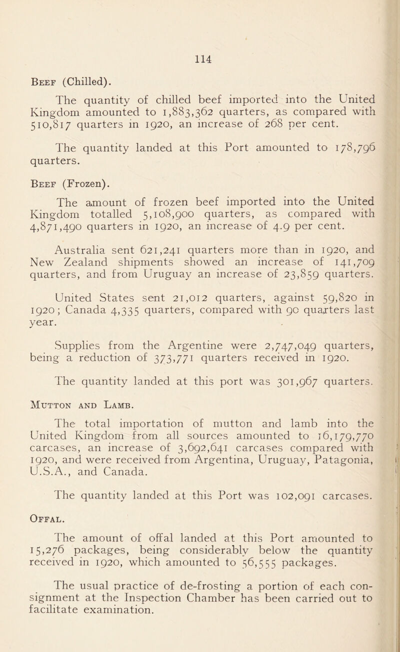 Beef (Chilled). The quantity of chilled beef imported into the United Kingdom amounted to 1,883,362 quarters, as compared with 510,817 quarters in 1920, an increase of 268 per cent. The quantity landed at this Port amounted to 178,796 quarters. Beef (Frozen). The amount of frozen beef imported into the United Kingdom totalled 5,108,900 quarters, as compared with 4,871,490 quarters in 1920, an increase of 4.9 per cent. Australia sent 621,241 quarters more than in 1920, and New Zealand shipments showed an increase of 141,709 quarters, and from Uruguay an increase of 23,859 quarters. United States sent 21,012 quarters, against 59,820 in 1920; Canada 4,335 quarters, compared with 90 quarters last year. Supplies from the Argentine were 2,747,049 quarters, being a reduction of 3/3,7/1 quarters received in 1920. The quantity landed at this port was 301,967 quarters. Mutton and Lamb. The total importation of mutton and lamb into the United Kingdom from all sources amounted to 16,179,770 carcases, an increase of 3,692,641 carcases compared with 1920, and were received from Argentina, Uruguay, Patagonia, U.S.A., and Canada. The quantity landed at this Port was 102,091 carcases. Offal. The amount of offal landed at this Port amounted to 15,276 packages, being considerably below the quantity received in 1920, which amounted to 56,555 packages. The usual practice of de-frosting a portion of each con¬ signment at the Inspection Chamber has been carried out to facilitate examination.