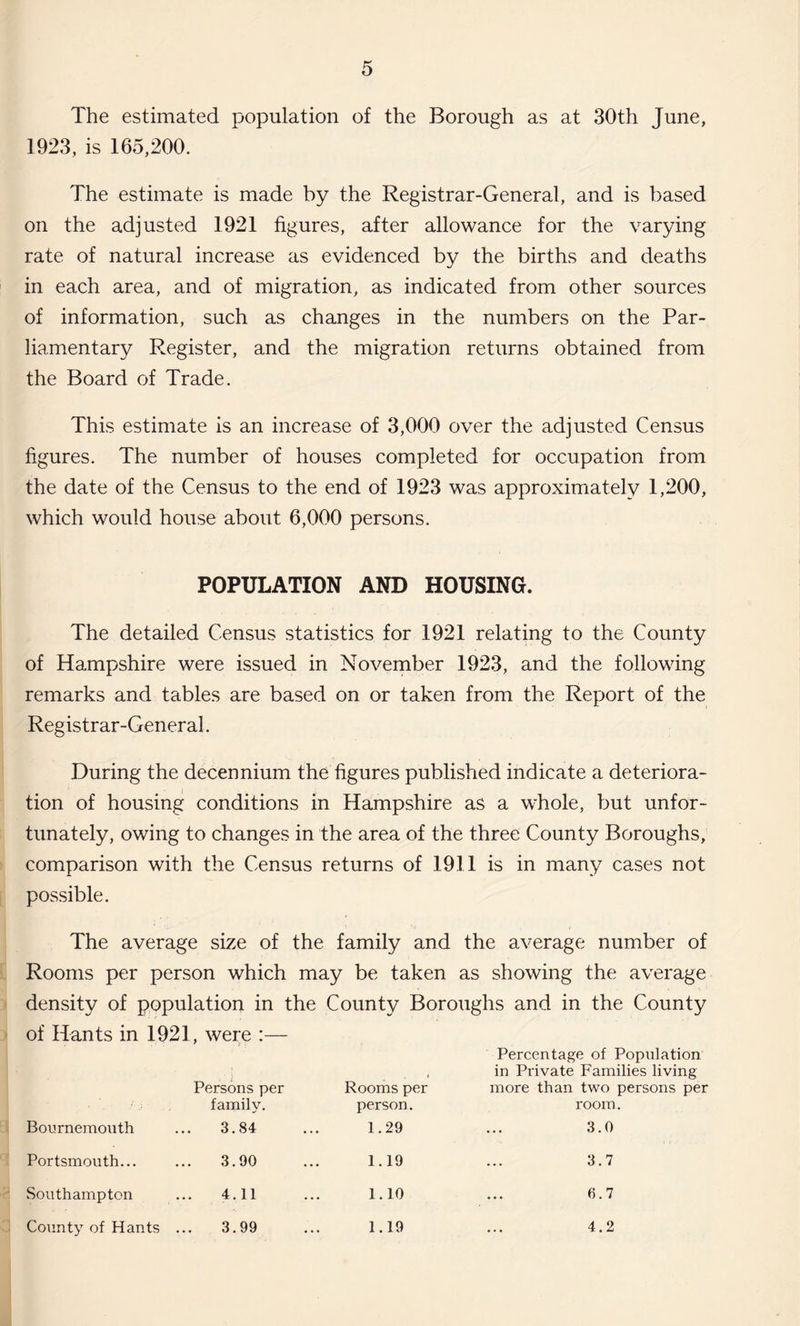 The estimated population of the Borough as at 30th June, 1923, is 165,200. The estimate is made by the Registrar-General, and is based on the adjusted 1921 figures, after allowance for the varying rate of natural increase as evidenced by the births and deaths in each area, and of migration, as indicated from other sources of information, such as changes in the numbers on the Par¬ liamentary Register, and the migration returns obtained from the Board of Trade. This estimate is an increase of 3,000 over the adjusted Census figures. The number of houses completed for occupation from the date of the Census to the end of 1923 was approximately 1,200, which would house about 6,000 persons. POPULATION AND HOUSING. The detailed Census statistics for 1921 relating to the County of Hampshire were issued in November 1923, and the following remarks and tables are based on or taken from the Report of the Registrar-General. During the decennium the figures published indicate a deteriora¬ tion of housing conditions in Hampshire as a whole, but unfor¬ tunately, owing to changes in the area of the three County Boroughs, comparison with the Census returns of 1911 is in many cases not possible. The average size of the family and the average number of Rooms per person which may be taken as showing the average density of population in the County Boroughs and in the County of Hants in 1921, were :— Percentage of Population in Private Families living Persons per Rooms per more than two persons per family. person. room. Bournemouth 3.S4 1.29 3.0 Portsmouth... 3.90 1.19 3.7 Southampton 4.11 1.10 6.7 County of Hants ... 3.99 1.19 4.2