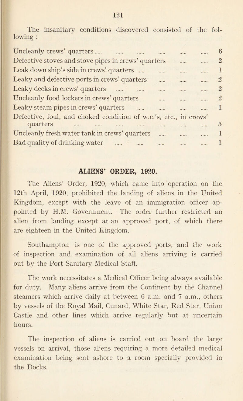The insanitary conditions discovered consisted of the fol¬ lowing : Uncleanly crews’ quarters. . . . . 6 Defective stoves and stove pipes in crews’ quarters . . 2 Leak down ship’s side in crews’ quarters. . 1 Leaky and defective ports in crews’ quarters . . 2 Leaky decks in crews’ quarters . . . 2 Uncleanly food lockers in crews’ quarters . . 2 Leaky steam pipes in crews’ quarters . 1 Defective, foul, and choked condition of w.c.’s, etc., in crews’ quarters . . . . 5 Uncleanly fresh water tank in crews’ quarters . . 1 Bad quality of drinking water . . . . 1 ALIENS’ ORDER, 1920. The Aliens’ Order, 1920, which came into operation on the 12th April, 1920, prohibited the landing of aliens in the United Kingdom, except with the leave of an immigration officer ap¬ pointed by H.M. Government. The order further restricted an alien from landing except at an approved port, of which there are eighteen in the United Kingdom. Southampton is one of the approved ports, and the work of inspection and examination of all aliens arriving is carried out by the Port Sanitary Medical Staff. The work necessitates a Medical Officer being always available for duty. Many aliens arrive from the Continent by the Channel steamers which arrive daily at between 6 a.m. and 7 a.m., others by vessels of the Royal Mail, Cunard, White Star, Red Star, Union Castle and other lines which arrive regularly but at uncertain hours. The inspection of aliens is carried out on board the large vessels on arrival, those aliens requiring a more detailed medical examination being sent ashore to a room specially provided in the Docks.