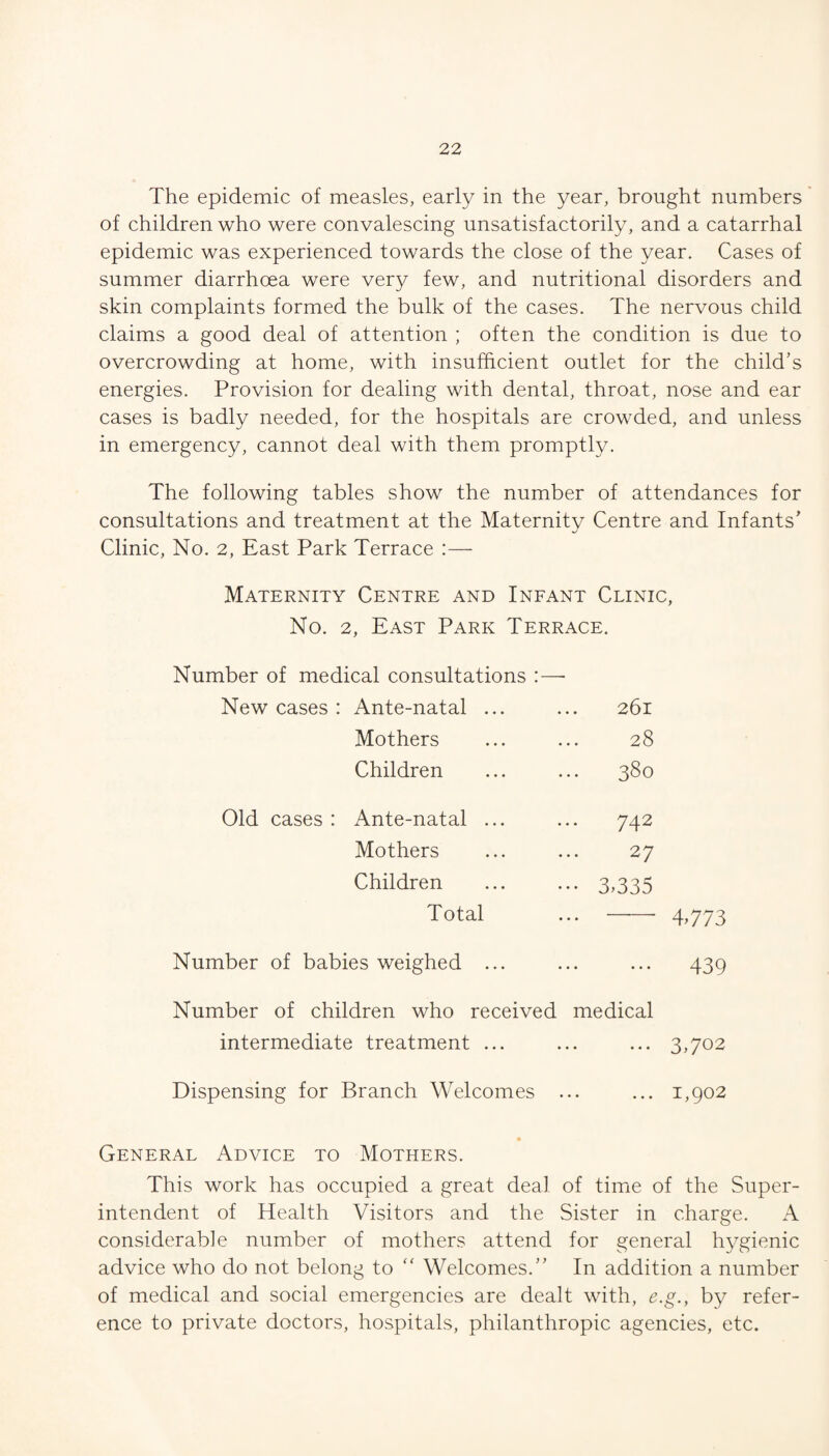 The epidemic of measles, early in the year, brought numbers' of children who were convalescing unsatisfactorily, and a catarrhal epidemic was experienced towards the close of the year. Cases of summer diarrhoea were very few, and nutritional disorders and skin complaints formed the bulk of the cases. The nervous child claims a good deal of attention ; often the condition is due to overcrowding at home, with insufficient outlet for the child’s energies. Provision for dealing with dental, throat, nose and ear cases is badly needed, for the hospitals are crowded, and unless in emergency, cannot deal with them promptly. The following tables show the number of attendances for consultations and treatment at the Maternity Centre and Infants’ Clinic, No. 2, East Park Terrace :— Maternity Centre and Infant Clinic, No. 2, East Park Terrace. Number of medical consultations :—■ New cases : Ante-natal ... 261 Mothers 28 Children 380 Old cases: Ante-natal ... •• 742 Mothers 27 Children •• 3,335 Total 4,773 Number of babies weighed ... .. 439 Number of children who received medical intermediate treatment ... .. 3,702 Dispensing for Branch Welcomes . • • • • • 1,902 General Advice to Mothers. This work has occupied a great deal of time of the Super¬ intendent of Health Visitors and the Sister in charge. A considerable number of mothers attend for general hygienic advice who do not belong to ‘‘ Welcomes.” In addition a number of medical and social emergencies are dealt with, e.g., by refer¬ ence to private doctors, hospitals, philanthropic agencies, etc.