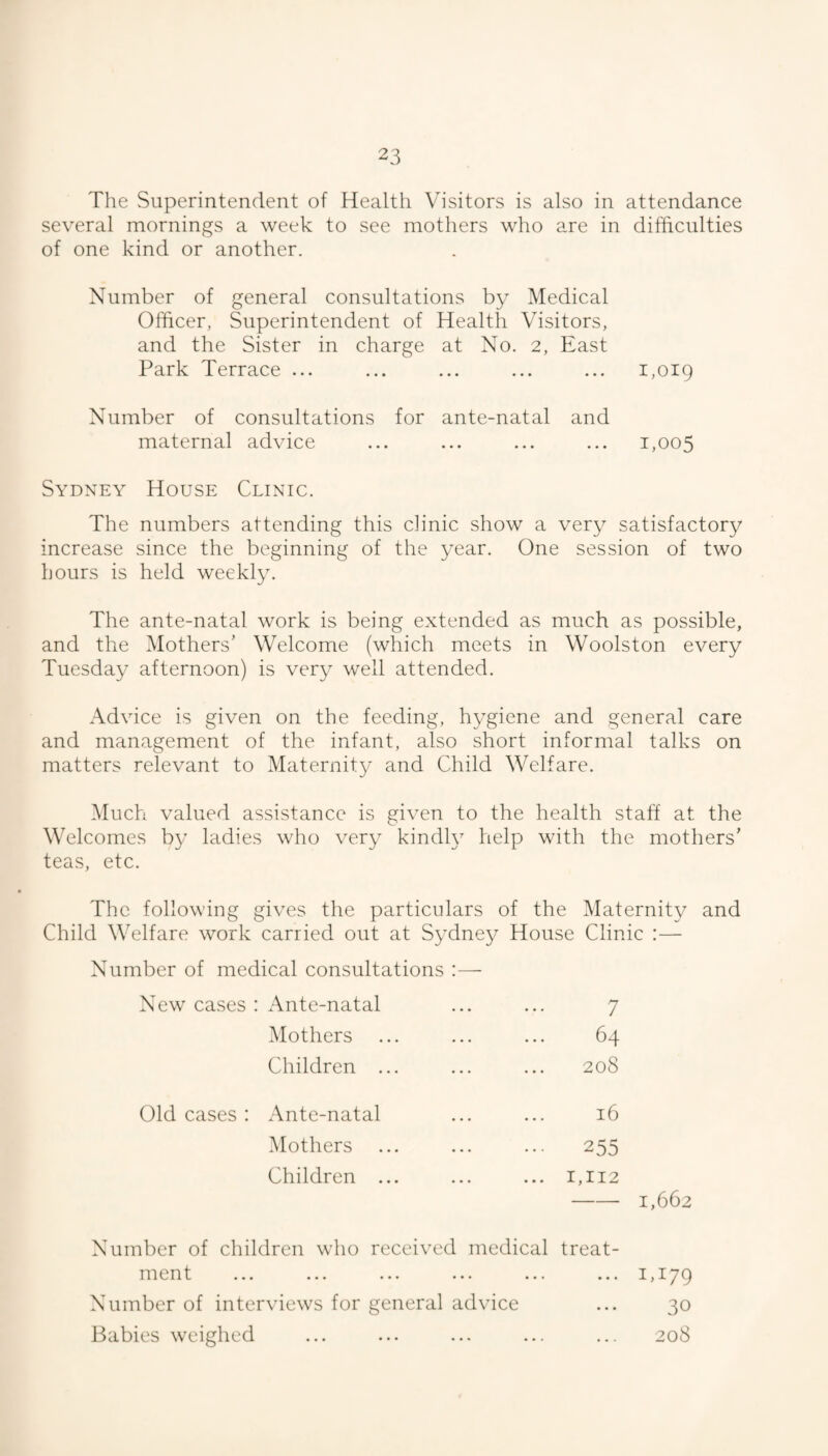 The Superintendent of Health Visitors is also in attendance several mornings a week to see mothers who are in difficulties of one kind or another. Number of general consultations by Medical Officer, Superintendent of Health Visitors, and the Sister in charge at No. 2, East Park Terrace ... ... ... ... ... 1,019 Number of consultations for ante-natal and maternal advice ... ... ... ... 1,005 Sydney House Clinic. The numbers attending this clinic show a very satisfactory increase since the beginning of the year. One session of two hours is held weekly. The ante-natal work is being extended as much as possible, and the Mothers’ Welcome (which meets in Woolston every Tuesday afternoon) is very well attended. Advice is given on the feeding, hygiene and general care and management of the infant, also short informal talks on matters relevant to Maternity and Child Welfare. Much valued assistance is given to the health staff at the Welcomes by ladies who very kindly help with the mothers’ teas, etc. The following gives the particulars of the Maternity and Child Welfare work carried out at Sydney House Clinic :— Number of medical consultations New cases : Ante-natal Mothers Children . 7 64 208 Old cases : Ante-natal Mothers Children . 16 255 1,112 -1,662 Number of children who received medical treat¬ ment ... ... ... ... ... ... 1,179 Number of interviews for general advice ... 30 Babies weighed ... ... ... ... ... 208