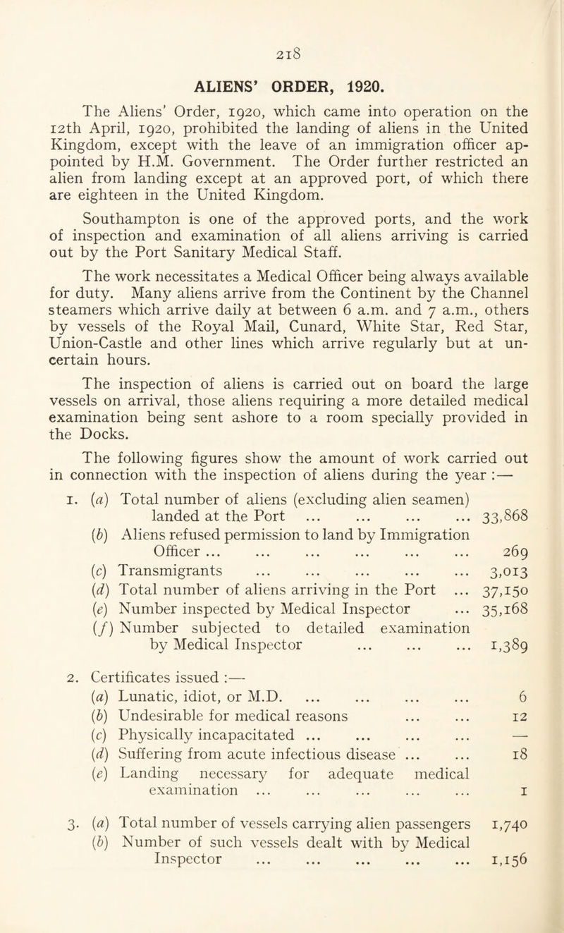 ALIENS’ ORDER, 1920. The Aliens’ Order, 1920, which came into operation on the I2th April, 1920, prohibited the landing of aliens in the United Kingdom, except with the leave of an immigration officer ap¬ pointed by H.M. Government. The Order further restricted an alien from landing except at an approved port, of which there are eighteen in the United Kingdom. Southampton is one of the approved ports, and the work of inspection and examination of all aliens arriving is carried out by the Port Sanitary Medical Staff. The work necessitates a Medical Officer being always available for duty. Many aliens arrive from the Continent by the Channel steamers which arrive daily at between 6 a.m. and 7 a.m., others by vessels of the Royal Mail, Cunard, White Star, Red Star, Union-Castle and other lines which arrive regularly but at un¬ certain hours. The inspection of aliens is carried out on board the large vessels on arrival, those aliens requiring a more detailed medical examination being sent ashore to a room specially provided in the Docks. The following figures show the amount of work carried out in connection with the inspection of aliens during the year :— I. (a) Total number of aliens (excluding alien seamen) landed at the Port ... ... ... ... 33,868 (b) Aliens refused permission to land by Immigration Officer ... ... ... ... ... ... 269 (c) Transmigrants ... ... ... ... ... 3,013 {d) Total number of aliens arriving in the Port ... 37,150 (e) Number inspected by Medical Inspector ... 35,168 (/) Number subjected to detailed examination by Medical Inspector ... ... ... 1,389 2. Certificates issued :— {a) Lunatic, idiot, or M.D. ... ... ... ... 6 (b) Undesirable for medical reasons ... ... 12 (c) Physically incapacitated ... ... ... ... — {d) Suffering from acute infectious disease ... ... 18 (e) Landing necessary for adequate medical examination ... ... ... ... ... i 3. {a) Total number of vessels carrying alien passengers 1,740 (b) Number of such vessels dealt with by Medical Inspector ... ... ... ... ... 1,156