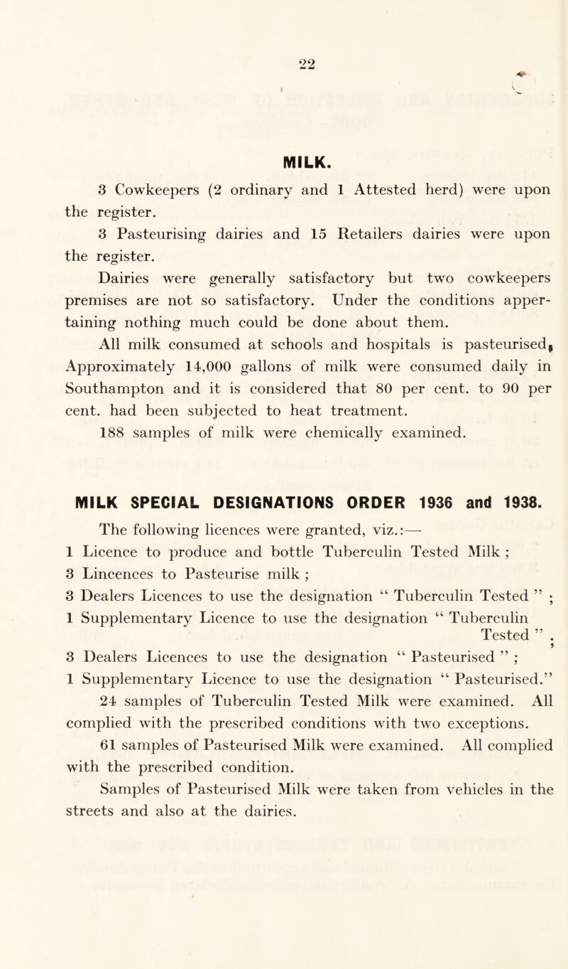 MILK. 3 Cowkeepers (2 ordinary and 1 Attested herd) were upon the register. 3 Pasteurising dairies and 15 Retailers dairies were upon the register. Dairies were generally satisfactory but two cowkeepers premises are not so satisfactory. Under the conditions apper¬ taining nothing much could be done about them. All milk consumed at schools and hospitals is pasteurised* Approximately 14,000 gallons of milk were consumed daily in Southampton and it is considered that 80 per cent, to 90 per cent, had been subjected to heat treatment. 188 samples of milk were chemically examined. MILK SPECIAL DESIGNATIONS ORDER 1936 and 1938. The following licences were granted, viz.:—- 1 Licence to produce and bottle Tuberculin Tested Milk ; 3 Lincences to Pasteurise milk ; 3 Dealers Licences to use the designation “ Tuberculin Tested ” ; 1 Supplementary Licence to use the designation “ Tuberculin Tested ” . > 3 Dealers Licences to use the designation “ Pasteurised ” ; 1 Supplementary Licence to use the designation “ Pasteurised.” 24 samples of Tuberculin Tested Milk were examined. All complied with the prescribed conditions with two exceptions. 61 samples of Pasteurised Milk were examined. All complied with the prescribed condition. Samples of Pasteurised Milk were taken from vehicles in the streets and also at the dairies.