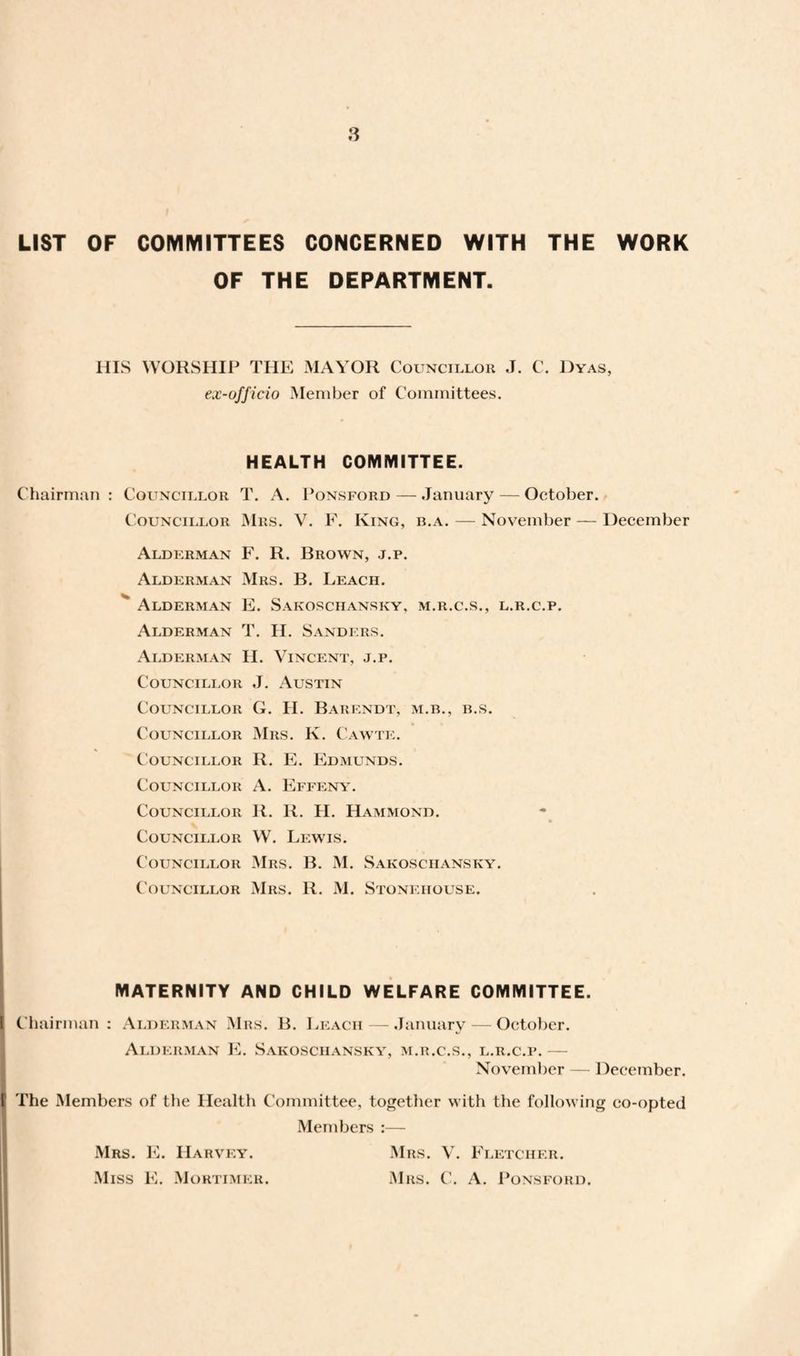 LIST OF COMMITTEES CONCERNED WITH THE WORK OF THE DEPARTMENT. HIS WORSHIP THE MAYOR Councillor J. C. Dyas, ex-officio Member of Committees. HEALTH COMMITTEE. Chairman : Councillor T. A. Ponsford — January — October. Councillor Mrs. V. F. King, b.a. — November — December Alderman F. R. Brown, j.p. Alderman Mrs. B. Leach.  Alderman E. Sakoschansky, m.r.c.s., l.r.c.p. Alderman T. II. Sanders. Alderman II. Vincent, j.p. Councillor J. Austin Councillor G. H. Barendt, m.b., b.s. Councillor Mrs. K. Cawte. Councillor R. E. Edmunds. Councillor A. Effeny. Councillor R. R. H. Hammond. Councillor W. Lewis. Councillor Mrs. B. M. Sakoschansky. Councillor Mrs. It. M. Stoneiiouse. MATERNITY AND CHILD WELFARE COMMITTEE. I Chairman: Alderman Mrs. B. Leach — January — October. Alderman E. Sakoschansky, m.r.c.s., l.r.c.p. — November — December. f The Members of the Health Committee, together with the following co-opted Members :— Mrs. E. Harvey. Mrs. V. Fletcher. Miss E. Mortimer. Mrs. C. A. Ponsford.