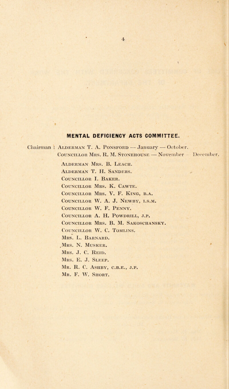 \ MENTAL DEFICIENCY ACTS COMMITTEE. Chairman : Alderman T. A. Ponsford — January — October. Councillor Mrs. R. M. Stonehousf. — November December. Alderman Mrs. B. Leach. Alderman T. H. Sanders. Councillor I. Baker. Councillor Mrs. K. Cawte. Councillor Mrs. V. F. King, b.a. Councillor W. A. J. Newby, i.s.m. Councillor W. F. Penny. Councillor A. H. Powdrill, j.p. Councillor Mrs. B. M. Sakoschansky. Councillor W. C. Tomlins. Mrs. L. Barnard. ,Mrs. N. Musker. Mrs. J. C. Reid. Mrs. E. J. Sleep. Mr. R. C. Ashby, c.b.e., j.p. Mr. F. W. Short.
