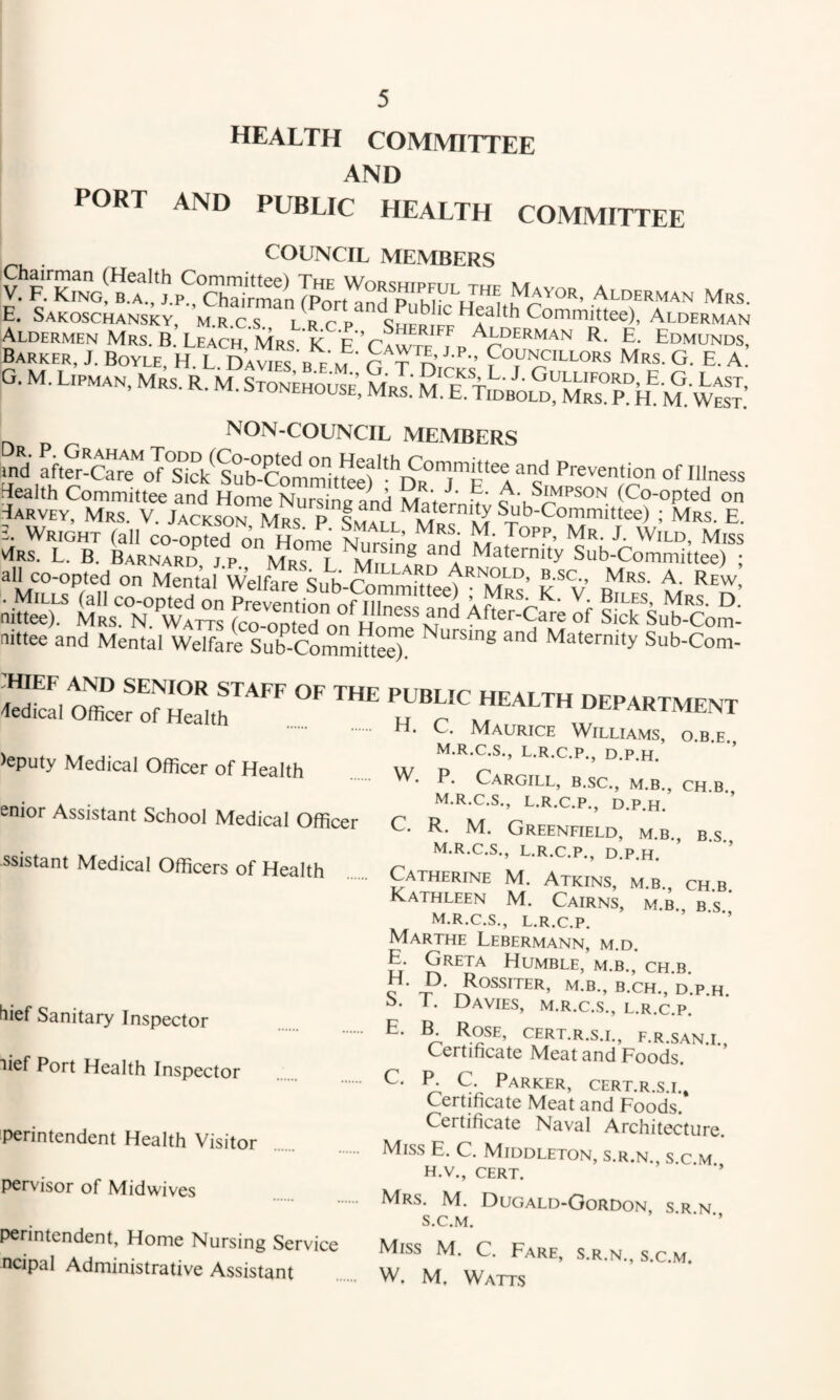 HEALTH COMIVTITTEE AND PORT AND PUBLIC HEALTH COMMITTEE COUNCIL MEMBERS Mrs. E. Sakoschansky, m.rcs lrcp c Alderman BA^^K^n B^LE^H^rSiTe’^E m’MrsS G.M.Upman, Mrs.R. M.Stonehouse, Mrs.'M!l'frDBOLDyMR^KR-jg: Wes^ NON-COUNCIL MEMBERS flealth Committee and Home Nnrsino anA m '< (Co-opted on ^ARVEV, Mrs. V. JACKsorMRS ri^f,i Mrs. E. 5. Wright (all co-opted ^n H^e Nur^np and m 7°’’’ “iss viRS. L. B. Barnard, j.p. Mrs L Mri i a Sub-Committee) ; all co-opted on Mental Welfare Sub Commut A. Rew, . Mills (all co-opted on pSiofofH^S ^^ Mrs. D nittee). Mrs. N. Watts (0^0^^ i n,‘^ After-Care of Sick Sub-Com- nittee and Mental Welfare Sub^CommitteR Maternity Sub-Corn- :hief and senior staff of the Medical Officer of Health )eputy Medical Officer of Health enior Assistant School Medical Officer ssistant Medical Officers of Health tiief Sanitary Inspector lief Port Health Inspector perintendent Health Visitor pervisor of Midwives perintendent, Home Nursing Service ncipal Administrative Assistant PUBLIC HEALTH DEPARTMENT H. C. Maurice Williams, o.b.e. M.R.C.S., L.R.C.P., D.P.H. W. P. Cargill, b.sc., m.b., ch.b. M.R.C.S., L.R.C.P., D.P.H. C. R. M. Greenfield, m.b., b.s. M.R.C.S., L.R.C.P., D.P.H. Catherine M. Atkins, m.b., ch.b Kathleen M. Cairns, m.b b s M.R.C.S., L.R.C.P. ’ ■ ’’ Marthe Lebermann, m.d. E. Greta Humble, m.b., ch.b. C ' m.b., B.CH., D.P.H. 1. Davies, m.r.c.s., l.r.c.p. ^ f.r.san.l. Certificate Meat and Foods. C. P. C. Parker, cert.r.s.l. Certificate Meat and Foods. Certificate Naval Architecture. Miss E. C. Middleton, s.r.n., s.c.m H.V., CERT. ’ Mrs. M. Dugald-Gordon, s r n S.C.M. ■ ■ ■’ Miss M. C. Fare, s.r.n., s.c.m. W. M. Watts
