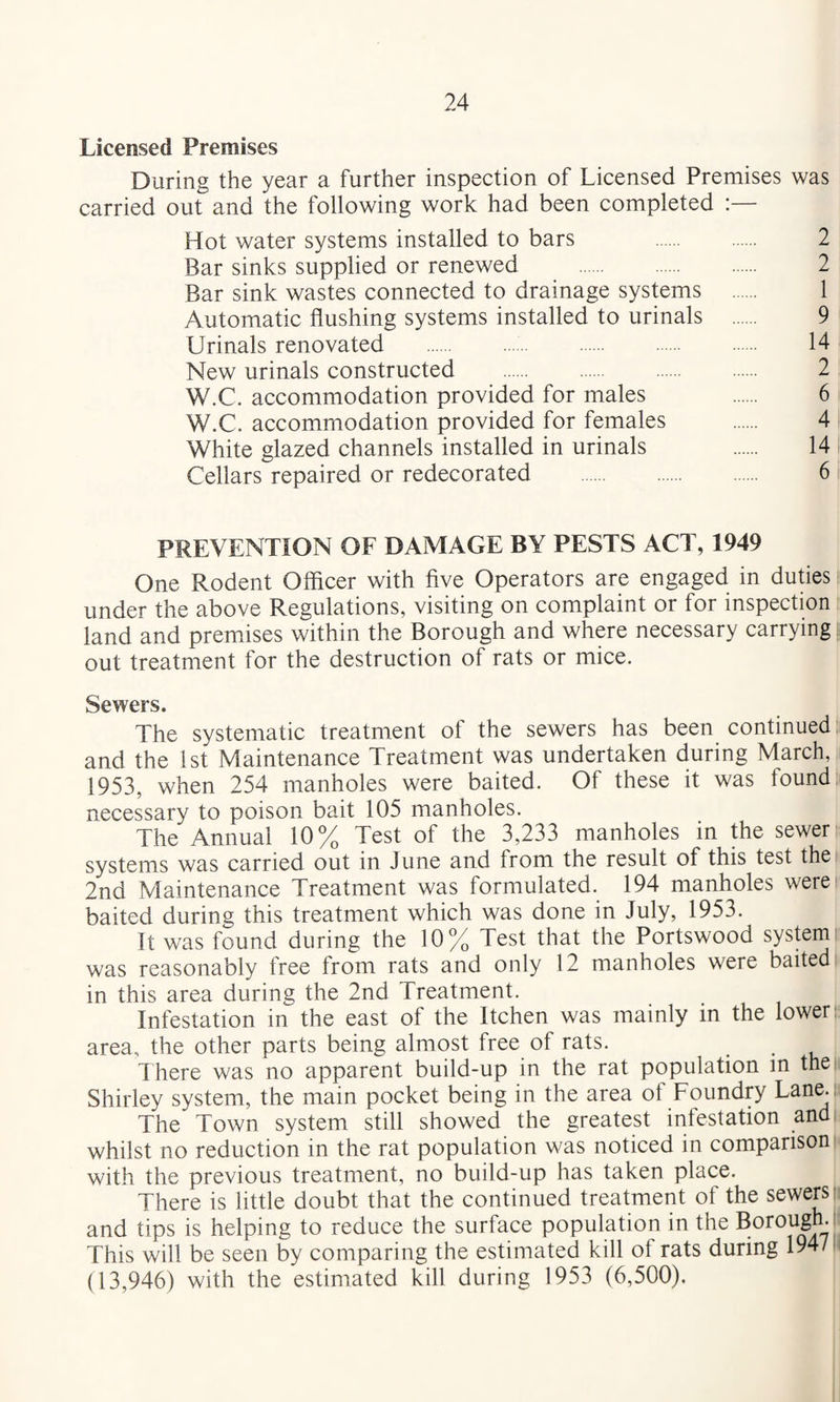 Licensed Premises During the year a further inspection of Licensed Premises was carried out and the following work had been completed :— Hot water systems installed to bars . . 2 Bar sinks supplied or renewed . 2 Bar sink wastes connected to drainage systems . 1 Automatic flushing systems installed to urinals . 9 Urinals renovated . 14 New urinals constructed . . . 2 W.C. accommodation provided for males . 6 W.C. accommodation provided for females . 4 White glazed channels installed in urinals . 14 Cellars repaired or redecorated . . . 6 PREVENTION OF DAMAGE BY PESTS ACT, 1949 One Rodent Officer with five Operators are engaged in duties under the above Regulations, visiting on complaint or for inspection land and premises within the Borough and where necessary carrying i out treatment for the destruction of rats or mice. Sewers. The systematic treatment of the sewers has been continued: and the Ist Maintenance Treatment was undertaken during March, 1953, when 254 manholes were baited. Of these it was found necessary to poison bait 105 manholes. The Annual 10% Test of the 3,233 manholes in the sewer systems was carried out in June and from the result of this test the 2nd Maintenance Treatment was formulated. 194 manholes were baited during this treatment which was done in July, 1953. It was found during the 10% Test that the Portswood sysUmr was reasonably free from rats and only 12 manholes were baited in this area during the 2nd Treatment. Infestation in the east of the Itchen was mainly in the lower i: area, the other parts being almost free of rats. There was no apparent build-up in the rat population m the Shirley system, the main pocket being in the area of Foundry Lane. The Town system still showed the greatest infestation and whilst no reduction in the rat population was noticed in comparison with the previous treatment, no build-up has taken place. There is little doubt that the continued treatment of the sewers ■ and tips is helping to reduce the surface population in the Boro|igh. This will be seen by comparing the estimated kill of rats during 194/' (13,946) with the estimated kill during 1953 (6,500),