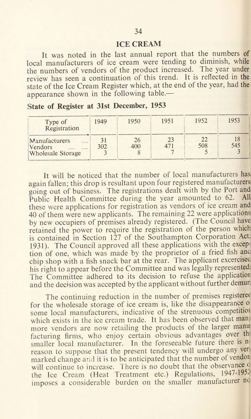 ICE CREAM It was noted in the last annual report that the numbers of local manufacturers of ice cream were tending to diminish, while the numbers of vendors of the product increased. The year under review has seen a continuation of this trend. It is reflected in the state of the Ice Cream Register which, at the end of the year, had the appearance shown in the following table.— State of Register at 31st December, 1953 Type of Registration 1949 1950 1951 1952 1953 Manufacturers 31 26 23 22 18 Vendors . 302 400 471 508 545 Wholesale Storage 3 8 7 5 3 It will be noticed that the number of local manufacturers has again fallen; this drop is resultant upon four registered manufacturers going out of business. The registrations dealt with by the Port and Public Health Committee during the year amounted to 62. All these were applications for registration as vendors of ice cream and 40 of them were new applicants. The remaining 22 were applications by new occupiers of premises already registered. (The Council have retained the power to require the registration of the person which is contained in Section 127 of the Southampton Corporation Act.' 1931). The Council approved all these applications with the excep¬ tion of one, which was made by the proprietor of a fried fish pc chip shop with a fish snack bar at the rear. The applicant excercisec his right to appear before the Committee and was legally represented: The Committee adhered to its decision to refuse the application and the decision was accepted by the applicant without further demun The continuing reduction in the number of premises registerec for the wholesale storage of ice cream is, like the disappearance o some local manufacturers, indicative of the strenuous competitio] which exists in the ice cream trade. It has been observed that man more vendors are now retailing the products of the larger manu facturing firms, who enjoy certain obvious advantages over th: smaller local manufacturer. In the foreseeable future there is ni reason to suppose that the present tendency will undergo any veri marked change and it is to be anticipated that the number of vendor will continue to increase. There is no doubt that the observance c the Ice Cream (Heat Treatment etc.) Regulations, 1947-195. imposes a considerable burden on the smaller manufacturer nc