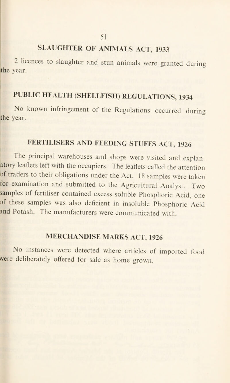 SLALIGHTER OF ANIMALS ACT, 1933 2 licences to slaughter and stun animals were granted during ithe year. PUBLIC HEALTH (SHELLFISH) REGULATIONS, 1934 No known infringement of the Regulations occurred during the year. FERTILISERS AND FEEDING STUFFS ACT, 1926 The principal warehouses and shops were visited and explan¬ atory leaflets left with the occupiers. The leaflets called the attention of traders to their obligations under the Act. 18 samples were taken for examination and submitted to the Agricultural Analyst. Two samples of fertiliser contained excess soluble Phosphoric Acid, one af these samples was also deficient in insoluble Phosphoric Acid and Potash. The manufacturers were communicated with. MERCHANDISE MARKS ACT, 1926 No instances were detected where articles of imported food were deliberately offered for sale as home grown.
